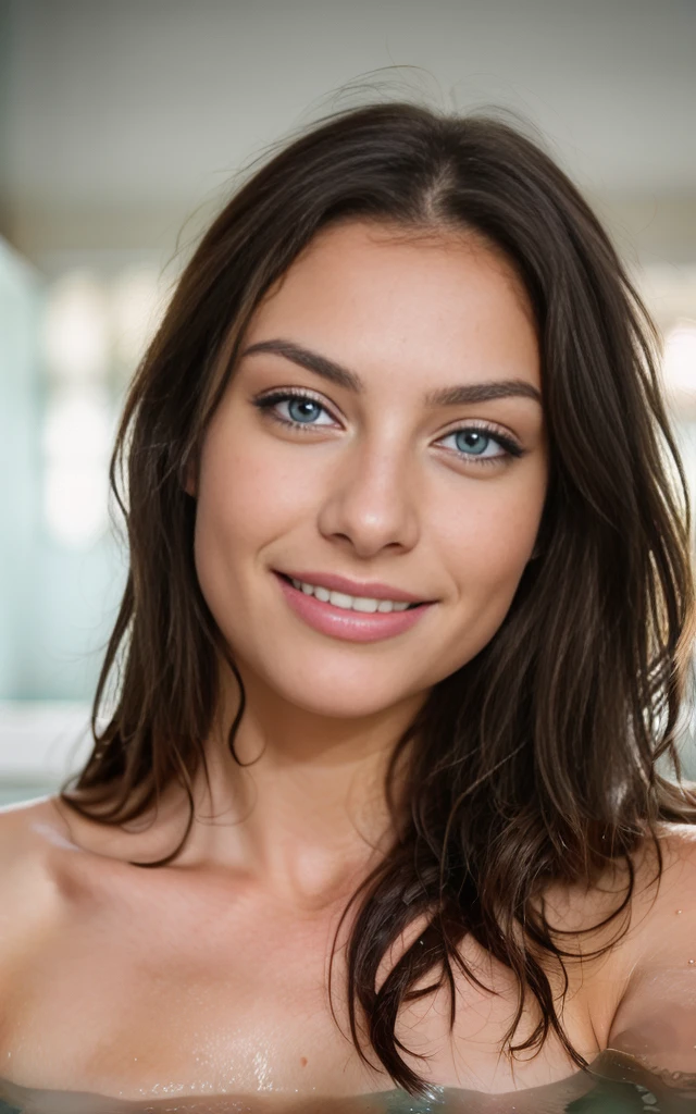 smiling, happy, beautiful brunette at home at night fulll length, wet in the bath, very detailed, 40 years, innocent face, long hair, natural wavy, blue eyes, high resolution, masterpiece, best quality, intricate details, highly detailed, sharp focus, detailed skin, realistic skin texture, texture, detailed eyes, professional, 4k, charming smile, shot on Canon, 85mm, shallow depth of field, kodak vision color, perfect fit body, extremely detailed, foto_\(ultra\), photorealistic, realistic, post-processing, maximum detail, roughness, real life, ultra realistic, photorealism, photography, 8k uhd, photography, large bust