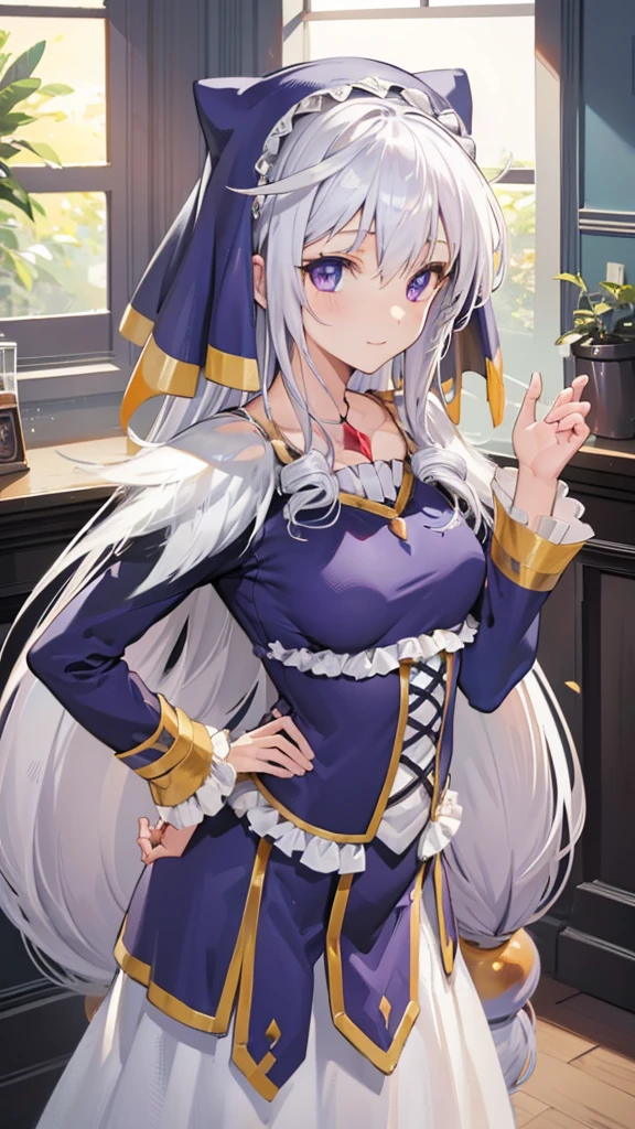 masterpiece, best quality, high resolution, unity 8k wallpaper, (illustration:1.1), ultra-detailed face, extremely detailed CG,
perfect anatomy, nice hands, perfect hands, 
Eris, 
Eris\(konosuba\), 
1girl, 
long hair, 
silver hair, 
(purple eyes:1.2), (beautiful detailed eyes:1.5), 
looking at viewer, 

smile, 
blue dress, long sleeves, long skirt, 

small breasts, 
ollarbone, 
cowboy shot, 
leaning forward, 
perfect lighting,
background of indoor,