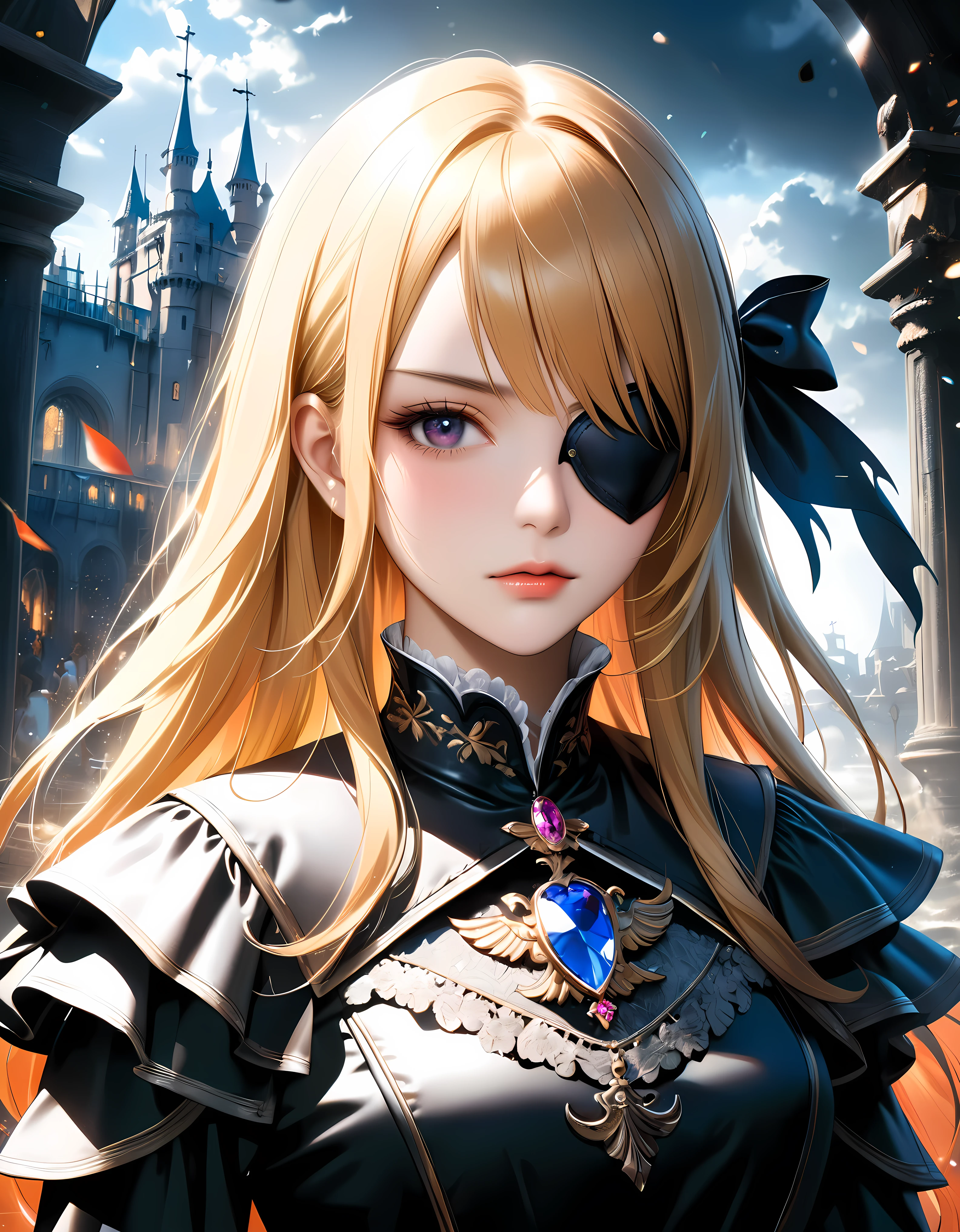 ((Masterpiece in maximum 16K resolution):1.6),((soft_color_photograpy:)1.5), ((Ultra-Detailed):1.4),((Movie-like still images and dynamic angles):1.3) | ((double contact):1.3), ((Fierce Blonde Female warrior silhoutte effect):1.2), ((one eye patch):1.5), ((Superimposed on Pretty Female with pirate eye patch):1.3), ((dark castle sky)), Oil and ink on canvas, fine dark art, super dramatic light, photoillustration, amazing depth, the ultra-detailed, iridescent black, superfluous dreams, intricately details, amazing depth, Amazing atmosphere, Mesmerizing whimsical vibrant landscapes, ((one eye closed by pirate eye patch):1.2), ((pirate eye patch with jewel):1.2), ((Female warrior aesthetic attire):1.2), Maximalism ((beautiful outside, Ugly inside, pressure and pain, beauty and despair, hard and soft, positive and negative, hot and cold, Sweet and sour, Vibrant but boring, Perfect harmony, light and shadows, old and young, Black and white, Corresponding color, loud and quiet, Chaos and peace, life and death):1.2) The complex masterpiece of a real-time engineering leader. | Rendered in ultra-high definition with UHD and retina quality, this masterpiece ensures anatomical correctness and textured skin with super detail. With a focus on high quality and accuracy, this award-winning portrayal captures every nuance in stunning 16k resolution, immersing viewers in its lifelike depiction. | ((perfect_composition, perfect_design, perfect_layout, perfect_detail, ultra_detailed)), ((enhance_all, fix_everything)), More Detail, Enhance.