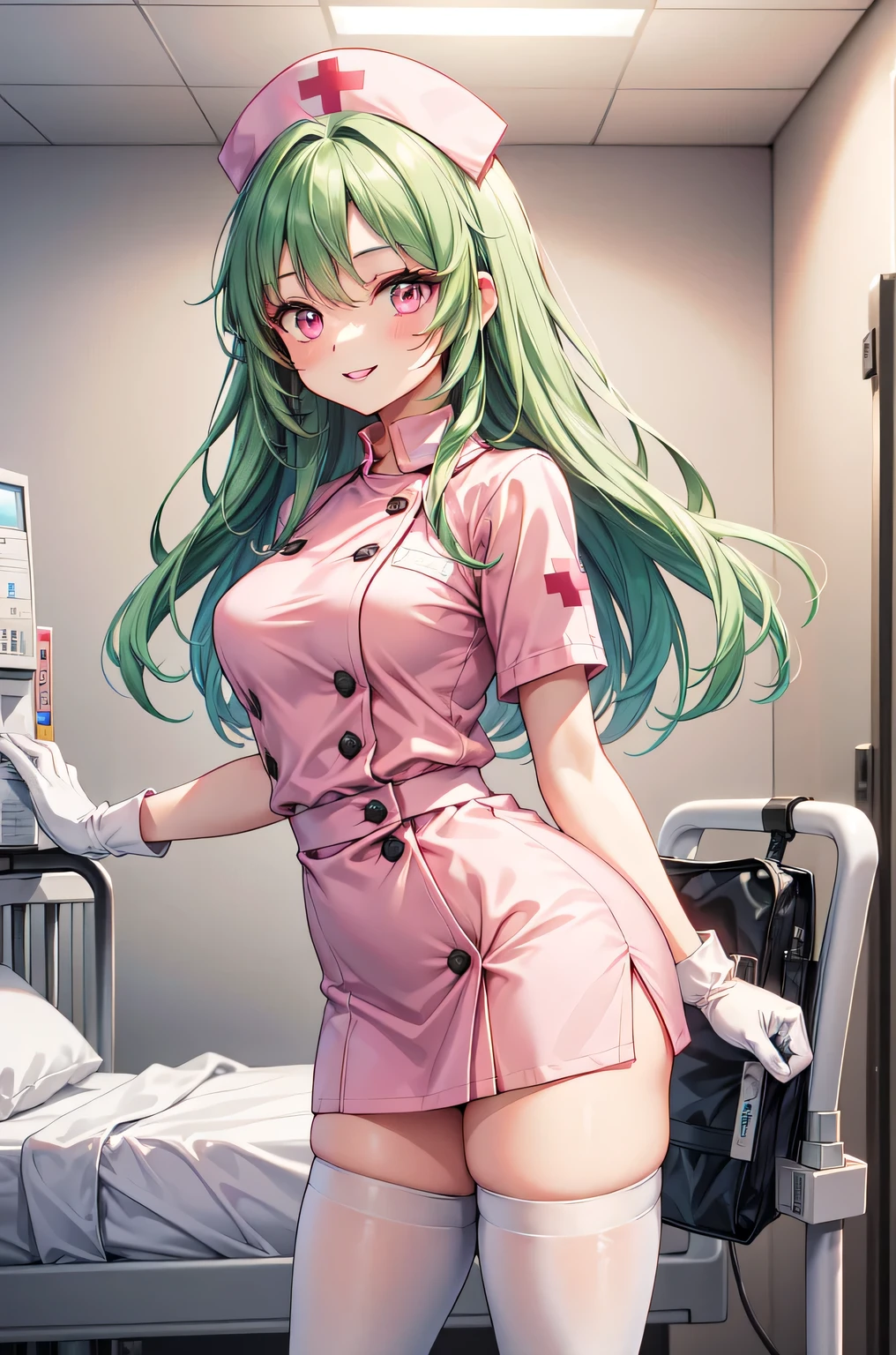 1woman, solo, nurse, white nurse cap, white nurse uniform, ((white legwear, zettai ryouiki)), white gloves, forehead, long hair, green hair, pink eyes, pink lips, smile, standing, ((hospital room)), sharp outline, short sleeves, mature female, 35 years old, best quality, masterpiece