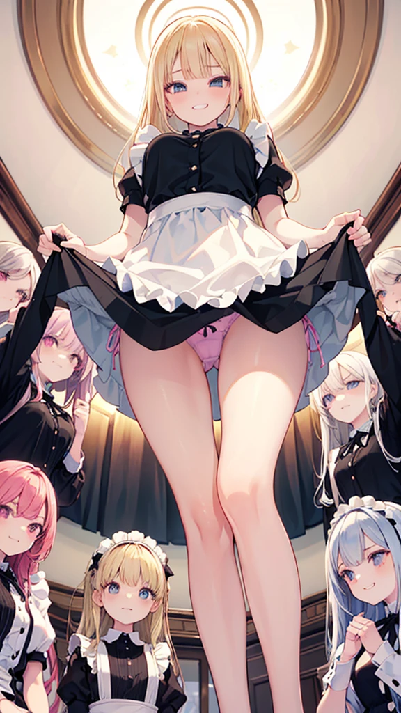 (((focus panties))), (I look up at the five girls from the ground.)、(Five girls are standing in a circle around me, looking down at me.)、circle、(seductive grin), (((5 giant girls)))、((angle from below)), 5 young face, (thighs), 5panties, (angle from under 5 girls),baby face,mesugaki,maid clothes, Blonde long hair