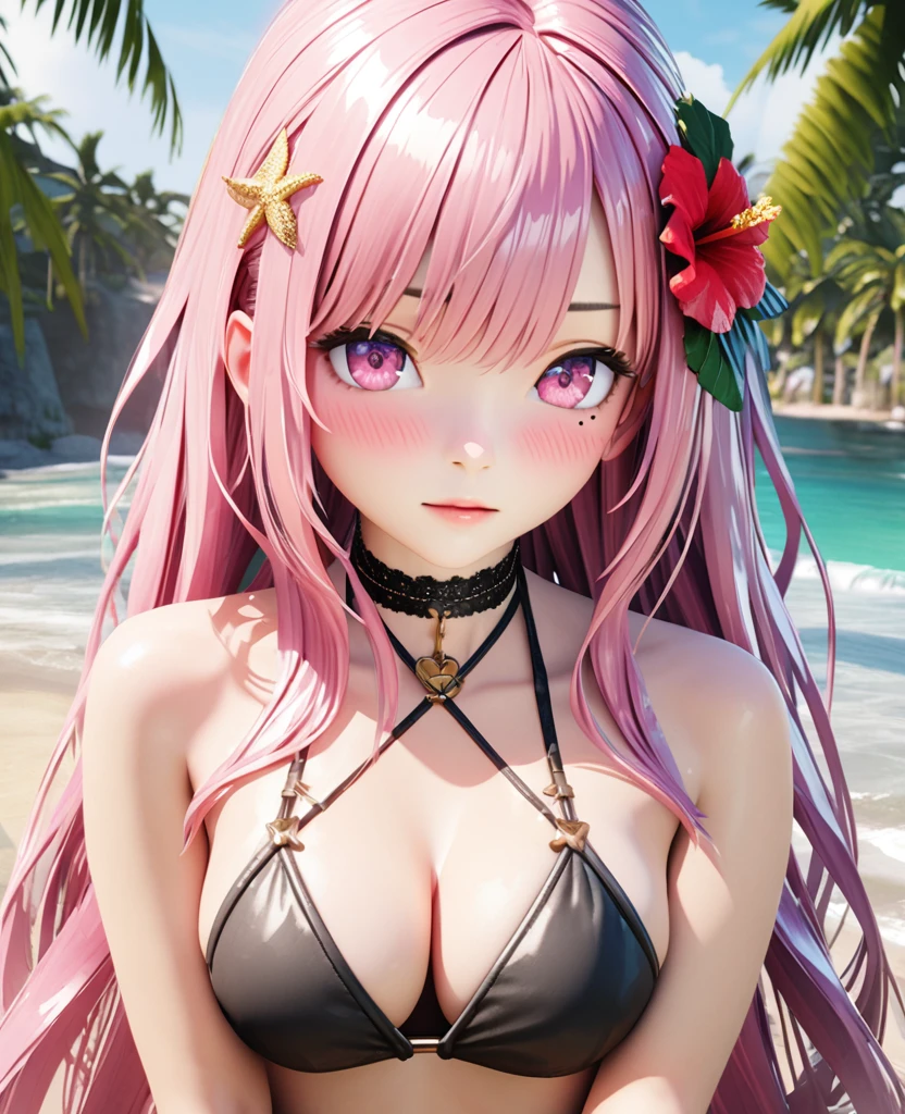 masterpiece,highest quality, Very detailed, High resolution, expensive resolution, High resolution, 4K, 8k, unity 8k wallpaper, Very detailed CG, masterpiece,  2D, 3D, Beautiful details, depth, Fine texture , highest quality: 1.3, Fully focused, Crispy.skin, .he,
Very cute anime girl 、bikini、Large Breasts、Pink medium-long hair wearing expensive , One Girl、Palm tree、Seaside,  Mole under the eye, looking at the viewer , expensive , blush, Mole, Lips parted, Hibiscus Hair Accessories, heart, Pink Eyes, choker