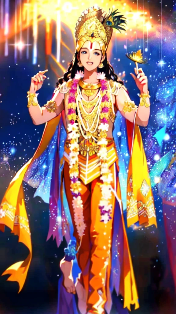 1boy, srj as krishna, golden crown with peacock feather, flower garland, handsome face, standing tall and handsome, charismatic face, colorful flower garden behind, smile, golden costume, sparkle background,, portrait of an anime person, aesthetic, wlop, trending on artstation, deviantart, anime key visual, 8k uhd, Wide angle, chaotic cabin in background. vibrant, photorealistic, realistic, dramatic, dark, sharp focus, 8k., high quality photography, 3 point lighting, flash with softbox, 4k, Canon EOS R3, hdr, smooth, sharp focus, high resolution, award winning photo, 80mm, f2.8, bokeh