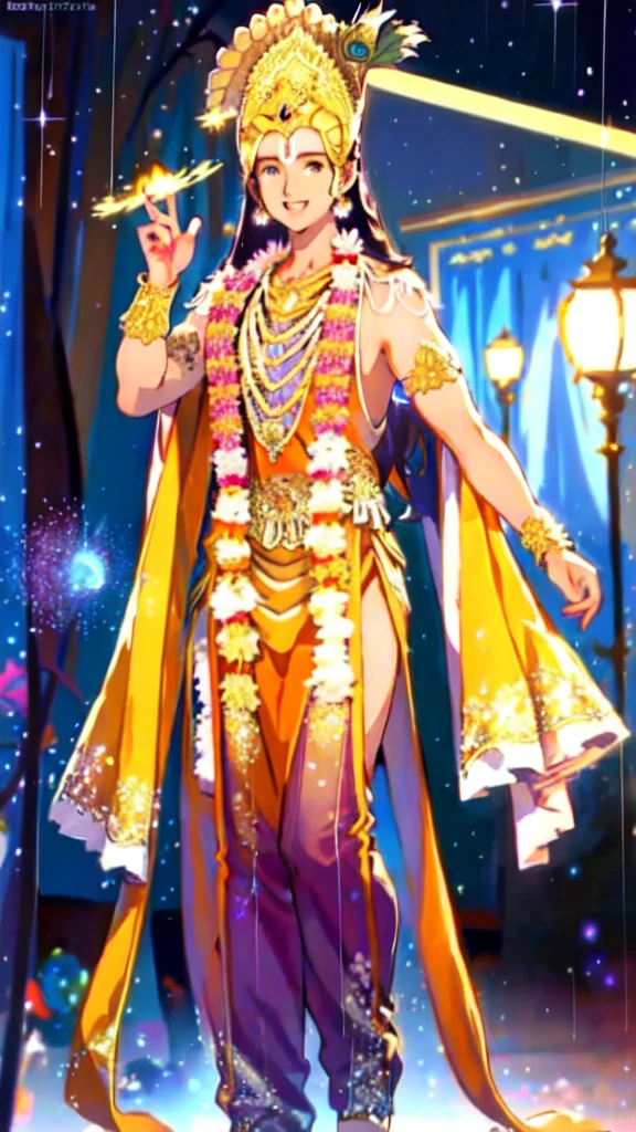 1boy, srj as krishna, golden crown with peacock feather, flower garland, handsome face, standing tall and handsome, charismatic face, colorful flower garden behind, smile, golden costume, sparkle background,, portrait of an anime person, aesthetic, wlop, trending on artstation, deviantart, anime key visual, 8k uhd, Wide angle, chaotic cabin in background. vibrant, photorealistic, realistic, dramatic, dark, sharp focus, 8k., high quality photography, 3 point lighting, flash with softbox, 4k, Canon EOS R3, hdr, smooth, sharp focus, high resolution, award winning photo, 80mm, f2.8, bokeh