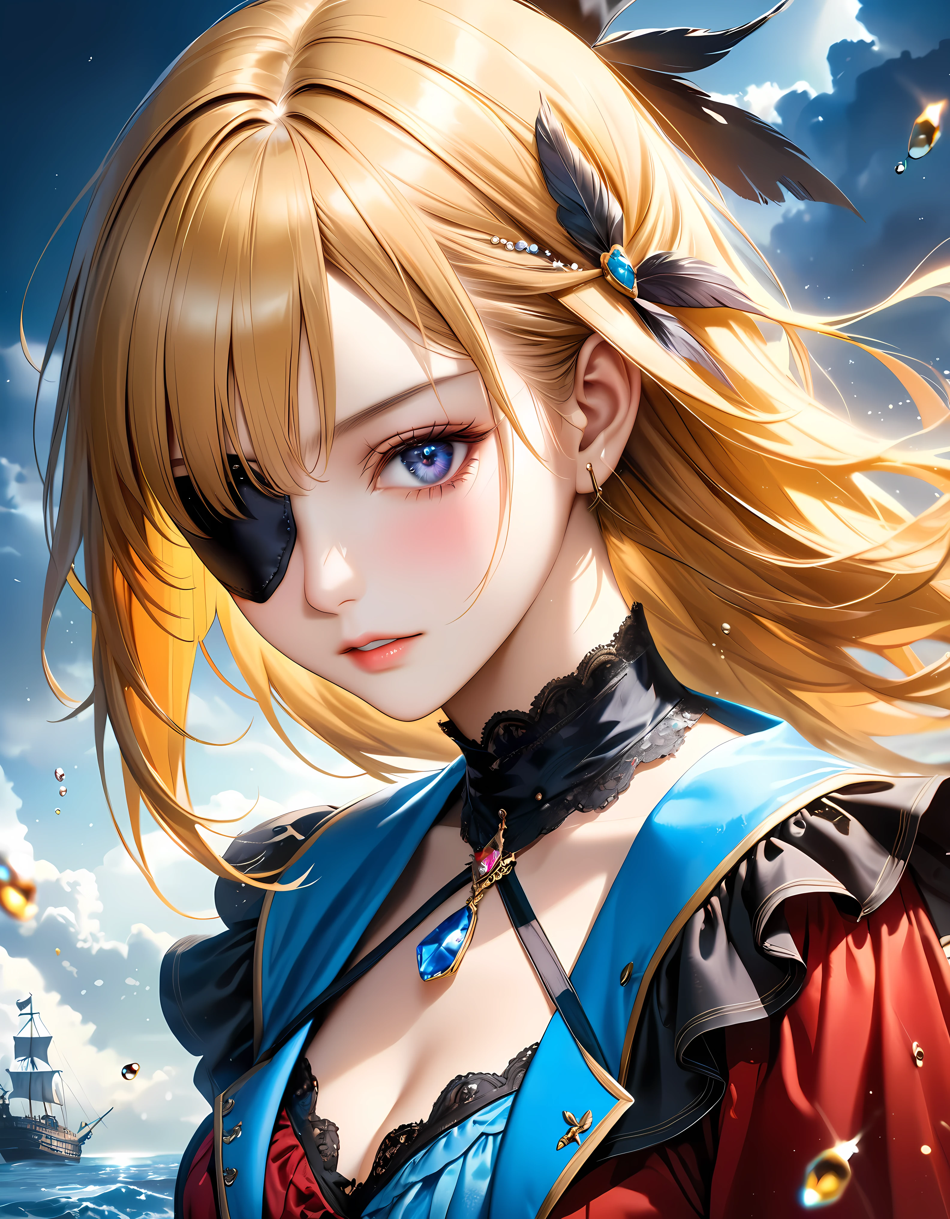 ((Masterpiece in maximum 16K resolution):1.6),((soft_color_photograpy:)1.5), ((Ultra-Detailed):1.4),((Movie-like still images and dynamic angles):1.3) | ((double contact):1.3), ((Fierce Blonde Female warrior silhoutte effect):1.2), ((one eye patch):1.5), ((Superimposed on Pretty Female with pirate eye patch):1.3), ((dark castle sky)), Oil and ink on canvas, fine dark art, super dramatic light, photoillustration, amazing depth, the ultra-detailed, iridescent black, superfluous dreams, intricately details, amazing depth, Amazing atmosphere, Mesmerizing whimsical vibrant landscapes, ((one eye closed by pirate eye patch):1.2), ((pirate eye patch with jewel):1.2), ((Female warrior aesthetic attire):1.2), Maximalism ((beautiful outside, Ugly inside, pressure and pain, beauty and despair, hard and soft, positive and negative, hot and cold, Sweet and sour, Vibrant but boring, Perfect harmony, light and shadows, old and young, Black and white, Corresponding color, loud and quiet, Chaos and peace, life and death):1.2) The complex masterpiece of a real-time engineering leader. | Rendered in ultra-high definition with UHD and retina quality, this masterpiece ensures anatomical correctness and textured skin with super detail. With a focus on high quality and accuracy, this award-winning portrayal captures every nuance in stunning 16k resolution, immersing viewers in its lifelike depiction. | ((perfect_composition, perfect_design, perfect_layout, perfect_detail, ultra_detailed)), ((enhance_all, fix_everything)), More Detail, Enhance.
