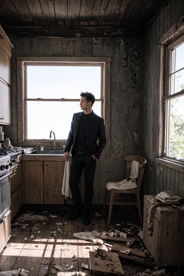 shot on leica, shadowplay, gorgeous lighting, subtle  hues,handsome men ,towel ,Inside Abandoned house
