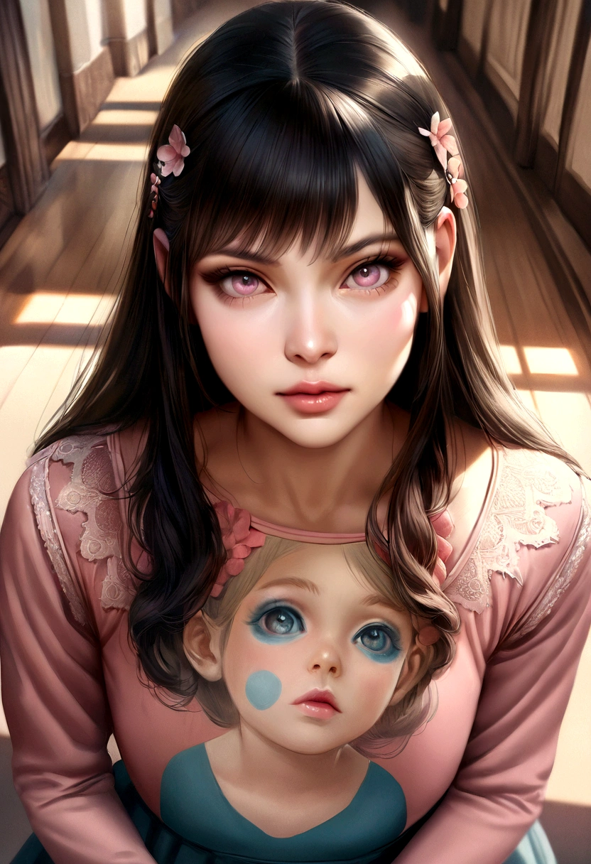 photorealistic, lip gloss, Drawing, realistic, Best quality, Ultra high resolution, depth, pastel color, Natural shading, focus on the face, only face, Looking at the viewer, long hair, hair accessory, black hair, brown and well detailed eyes, dress , standing in a skirt 