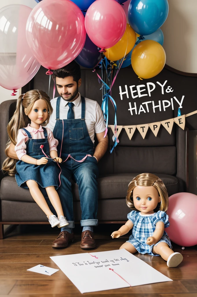 Image with balloons and a doll and letters saying happy father's day