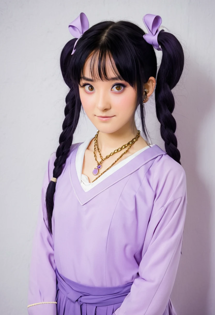 A Ghibli's studio character (2D). She have her black hair tied in a long pigtails. She wears traditional light purple clothes and many chain necklace 