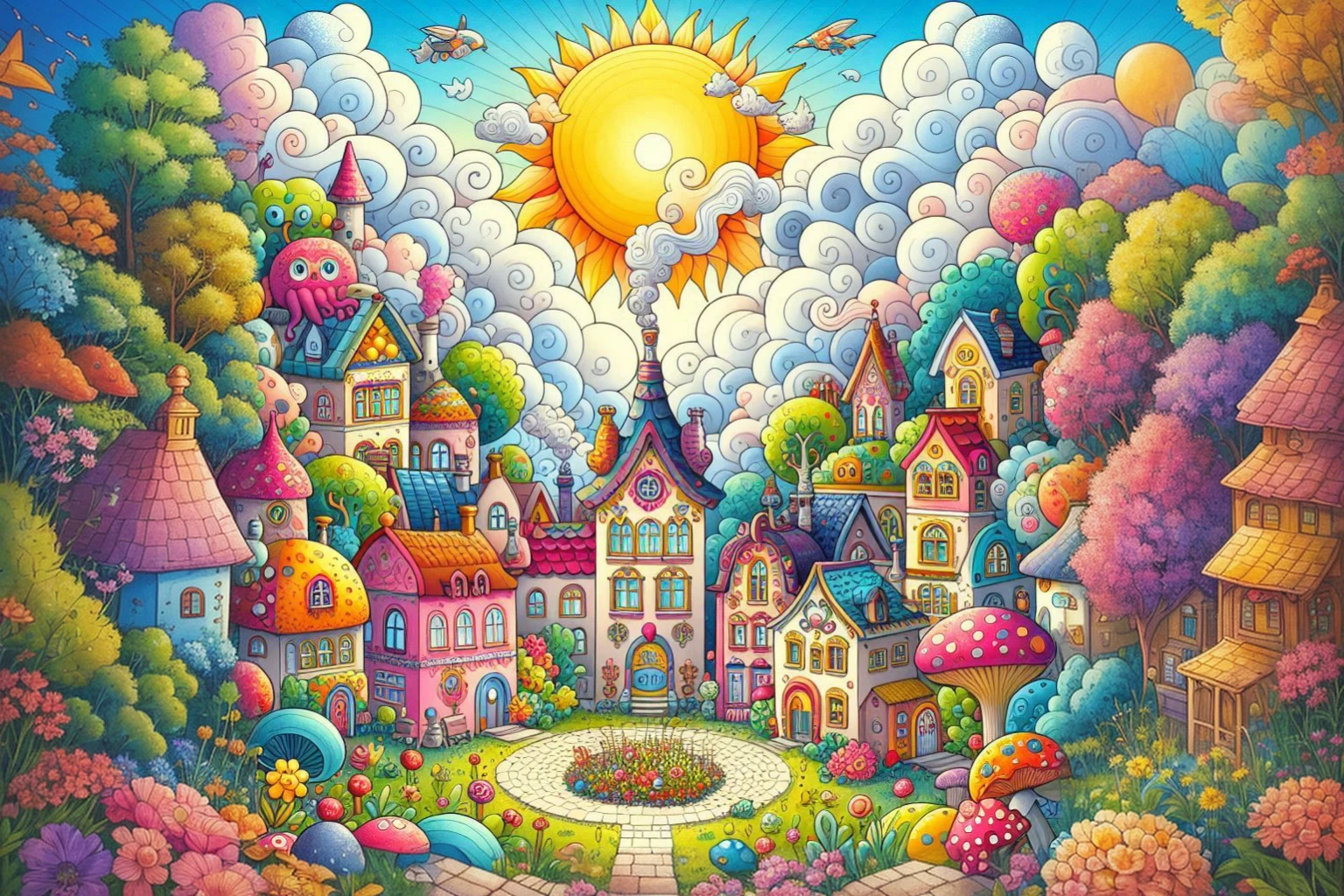bright children illustration of a colorful village