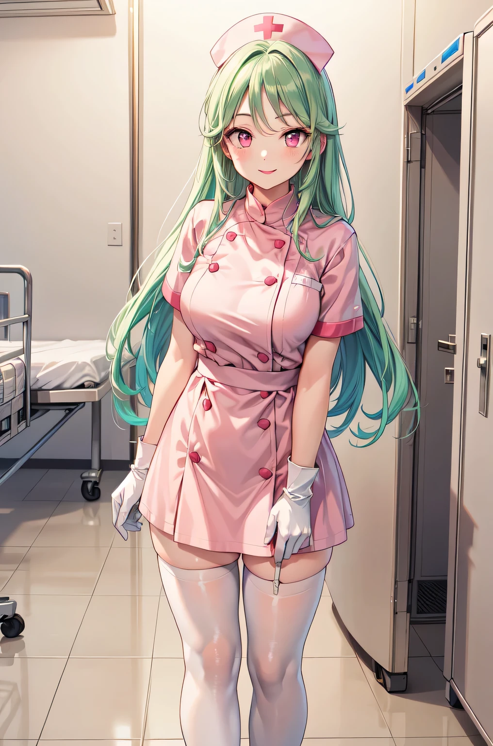 1woman, solo, nurse, white nurse cap, white nurse uniform, ((white legwear, zettai ryouiki)), white gloves, forehead, long hair, green hair, pink eyes, pink lips, smile, standing, ((hospital room)), sharp outline, short sleeves, mature female, 35 years old, best quality, masterpiece