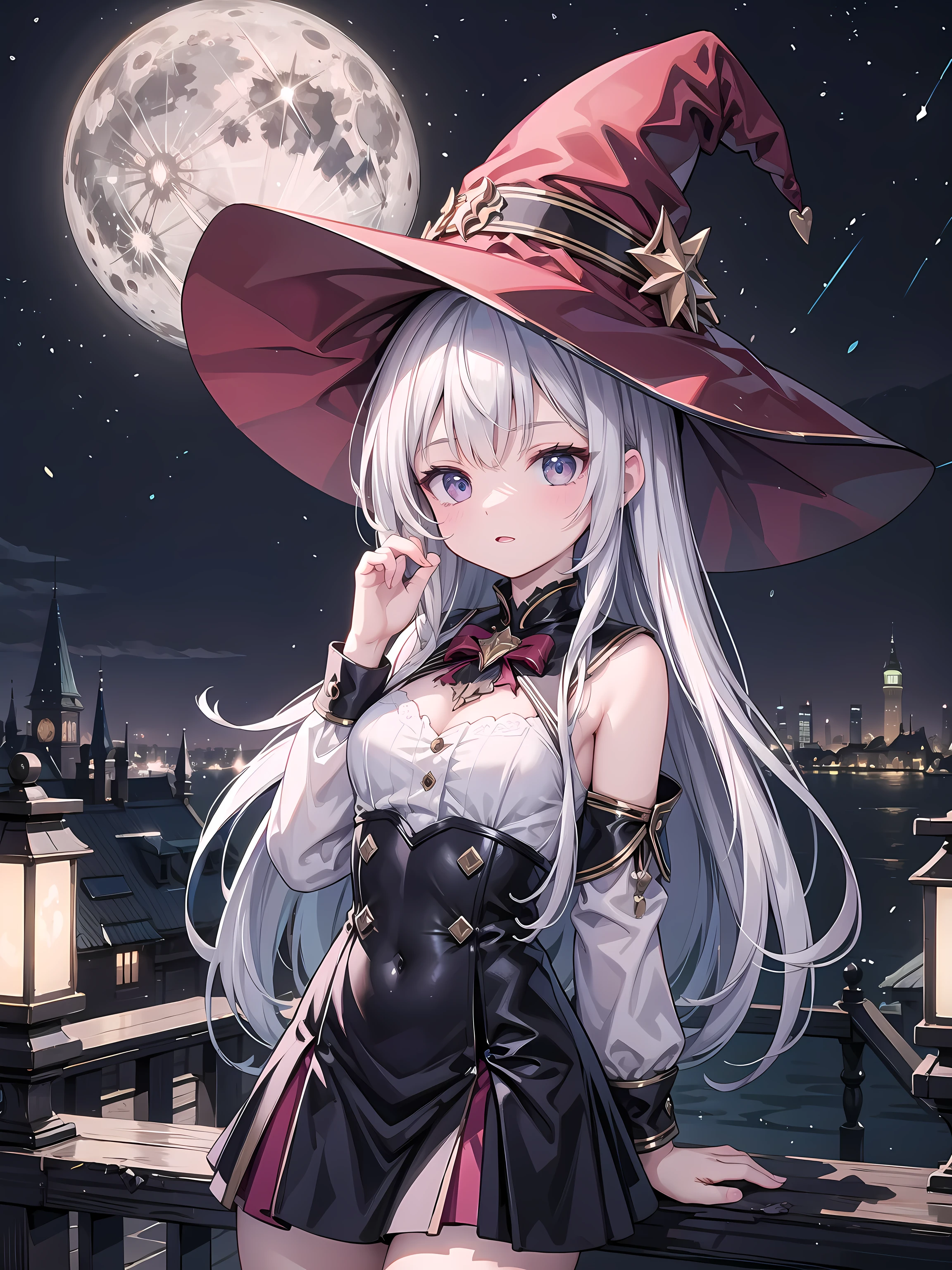 ((Masterpiece, best quality, high quality, very detailed CG uniform 8k wallpaper, very detailed, very detailed background)), detailed eyes, shiny hair, shiny skin, bright skin, ((1girl)), ((Witch, witch hat, sleeveless dress)), ((outdoor, fantasy, night, castle background, sky, moon))