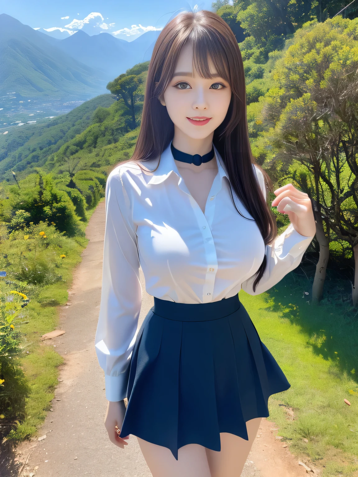 ((Highest quality, 8k, Representative works in detail, Ultra-high resolution)), (Looking at the audience), Attractive woman, ((Big Breasts)),  smile, ((Black choker)), Slim figure, (blue eyes), Long eyelashes, bangs, Beautiful shiny brown hair, Nogizaka Idol, Slim face、((Ivory white shirt、flare skirt、Full body portrait)), Millionaire's daughter、Dependents、Glossy straight hair、((Mountain trail、Looking down、Spectacular views)), Red lipstick, ((Mountainous Regions))、blue sky、Healthy thighs