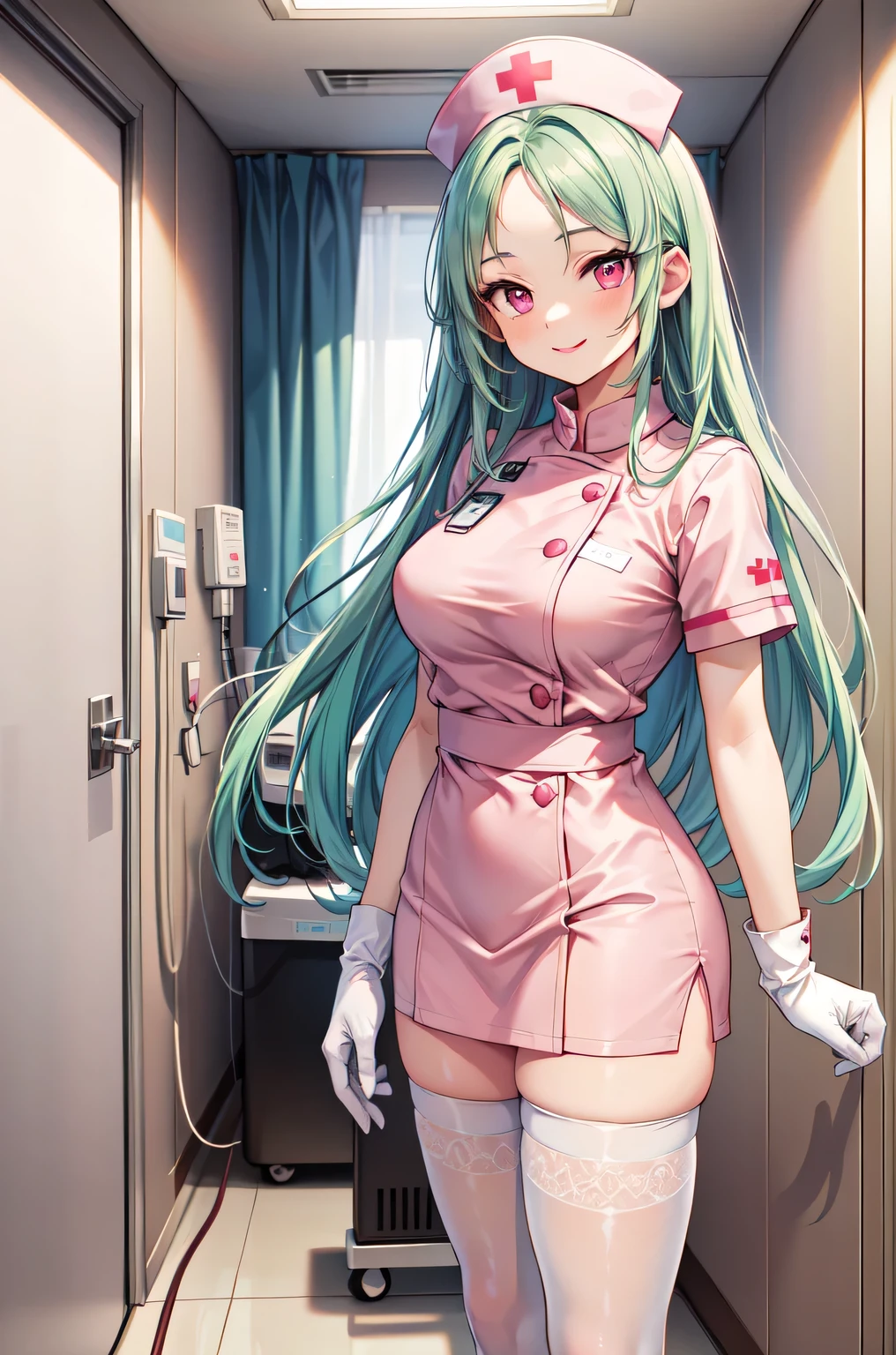 1woman, solo, nurse, white nurse cap, white nurse uniform, ((white legwear, zettai ryouiki)), white gloves, forehead, long hair, green hair, pink eyes, pink lips, smile, standing, ((hospital room)), sharp outline, short sleeves, mature female, 35 years old, best quality, masterpiece