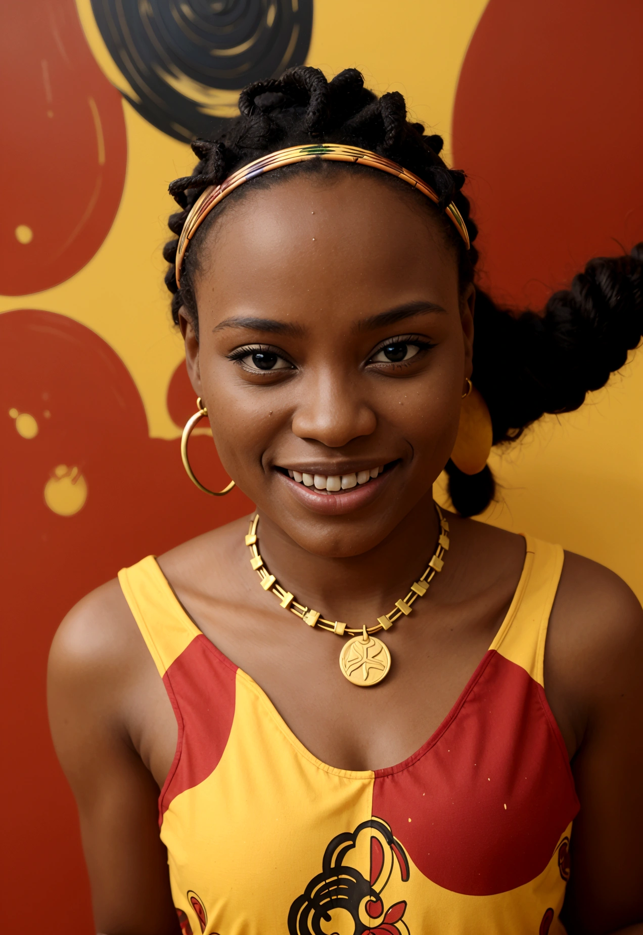 The image should show an African person doing their best in some activity, such as painting, music, sport or any other personal passion. The person's expression must reflect intensity and dedication. Include visual elements that represent personal achievement and gratification, such as a symbolic medal of success, a vibrantly colored art brush, or a satisfied smile. Use a color palette that evokes energy and fulfillment.