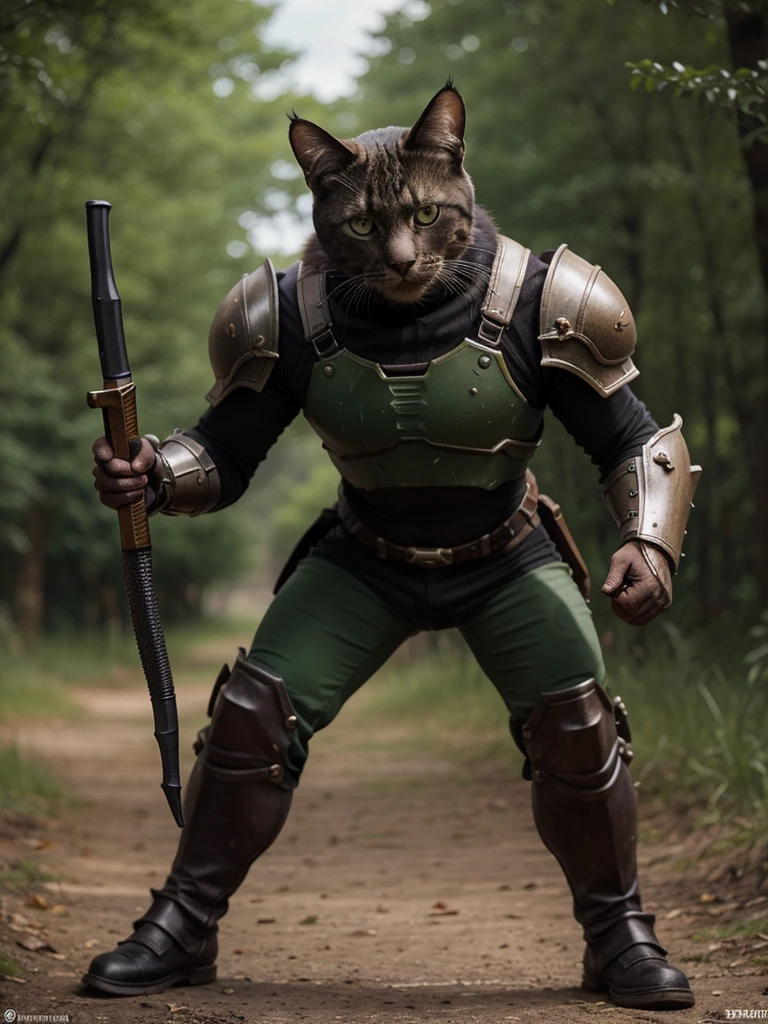 Imagine the Doom Slayer as a cat wearing sturdy, moss-green armor with bright orange accents, similar to his iconic costume. This cat would have a fierce expression and eyes that reflect unwavering determination. His helmet would be tailored to the shape of his feline head, with pointed ears sticking out. Instead of a shotgun, he would have retractable claws made of unbreakable metal, ready to take on any demon that dares to cross his path. His tail would be long and flexible, but finished with a metal tip that he could use as a whip or to maintain balance during combat. Despite his intimidating appearance, he would have a collar with a small bell, a playful reminder of his feline nature.