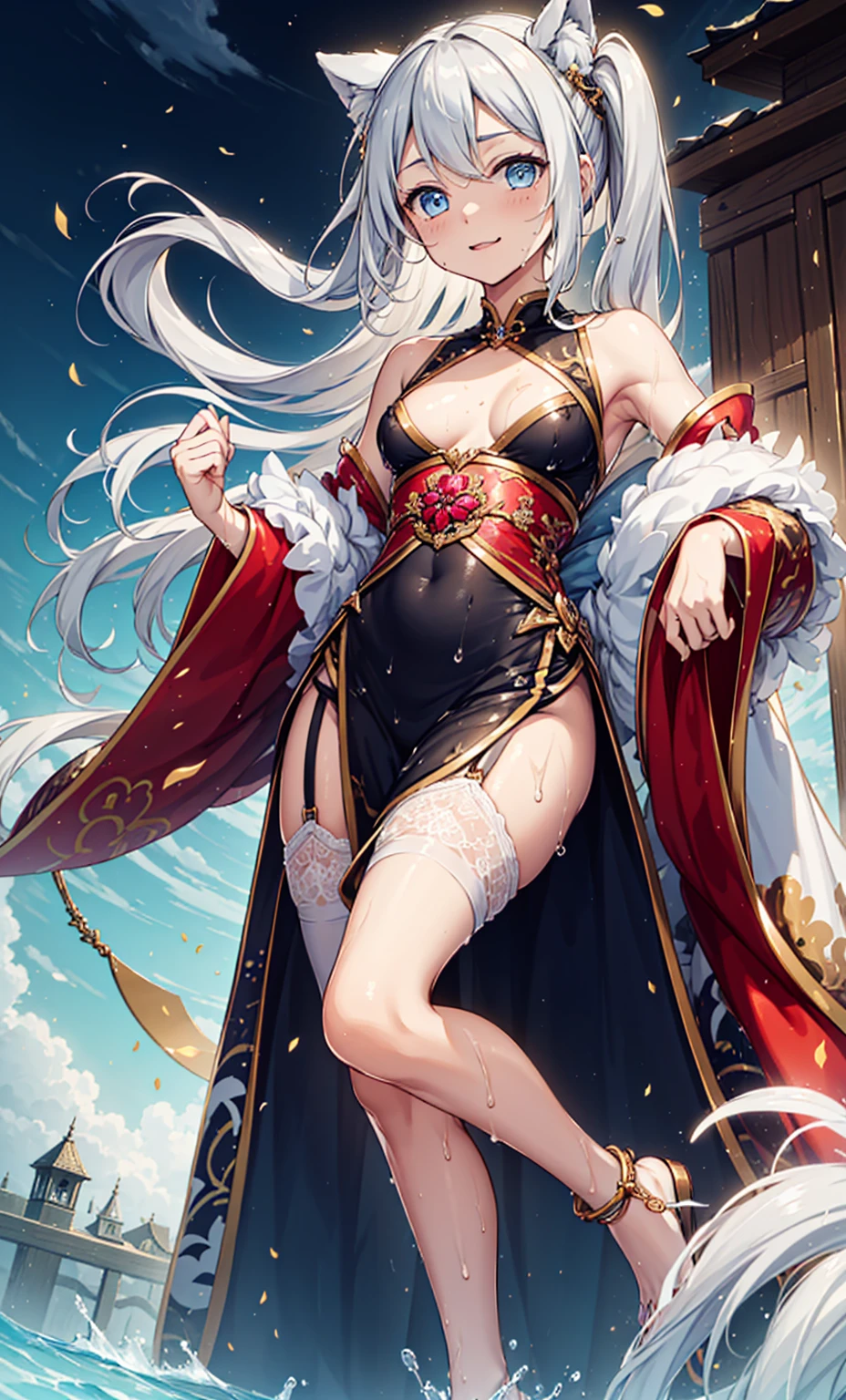 Top quality，Optimal resolution，(Wet princess dress），Very detailed, She has a pair of white double ponytails，Young women，charm，Design intricate clothes，blue eyes，Illusion Cloud Light Heaven，Elegant and charming，((Wet people，Foggy，water))，Leg ring，Anklet，night，Small lighting，charm的姿势，Well-designed clothing，Beautifully decorated，出water芙蓉，Garter stockings