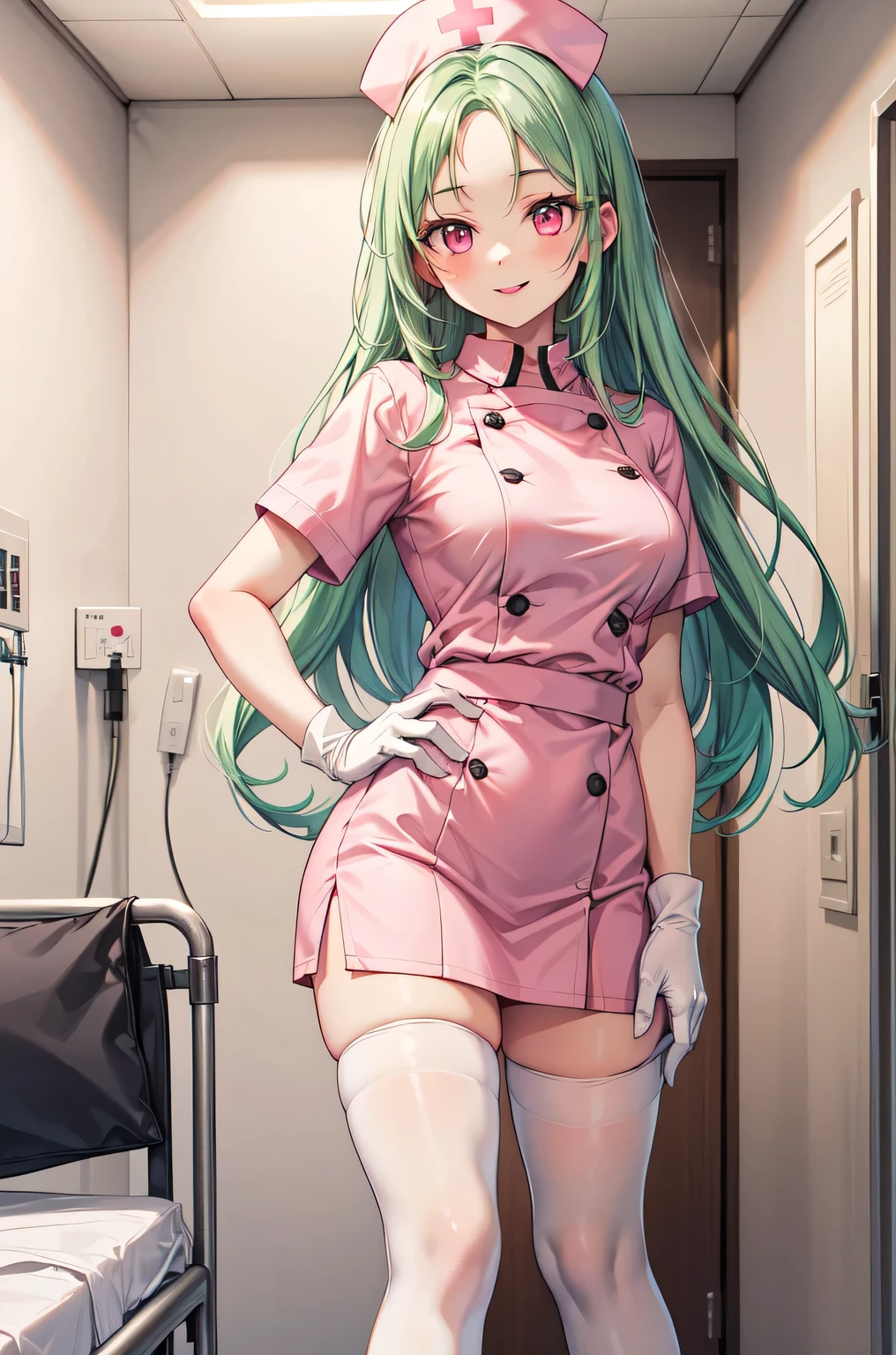 1woman, solo, nurse, white nurse cap, white nurse uniform, ((white legwear, zettai ryouiki)), white gloves, forehead, long hair, green hair, pink eyes, pink lips, smile, standing, ((hospital room)), sharp outline, short sleeves, mature female, 35 years old, best quality, masterpiece