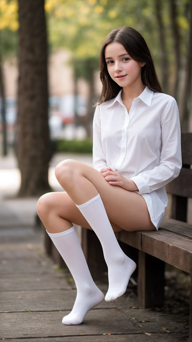 A pretty young woman photo, solo, , masterpiece, best quality, depth of field, bokeh, ultra realistic, photorealistic, RAW photography, extremely high resolution, amazingly high detailed eyes and face, adorable, ray tracing, spreaded legs towards camera, wears white tights, while seated, small, , cute, shy, wet, full body, horny, no underwear, can see nipples throught shirt,