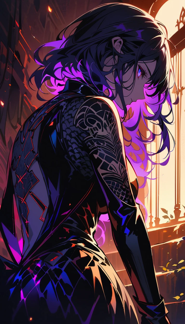 Detailed portrait of a female assassin in a dark fantasy background, With long flowing black and purple hair, Tattoo on face, Dazzling blue eyes that emanate a sense of danger [delicate eyes, Dazzling blue:1.1], wearing a sleek black leather suit [black leather suit], adorned with Intricate tattoos all over her body [Intricate tattoos:1.1], Including the dragon scales on her arms [Dragon scale tattoo] There is also a delicate skull pattern on the back [skull tattoo:1.1]. She stands in a Dimly lit basement [Dimly lit basement], Holding a (Curved Dagger), The scene is illuminated with Flickering torches [Flickering torches], cast shadow，Enhance the suspense atmosphere. The color palette is primarily dark and moody, with hints of Red and purple embellishments [Dark and moody color palette, Red and purple embellishments], Create a sense of mystery and danger. The lighting emphasizes the sharp edges and intricate details of the assassin's attire and tattoos, Add depth and texture to the overall composition [Emphasize sharp edges, intricate details]. highest image quality, with Extreme attention to detail [best quality, Extreme attention to detail:1.2], Demonstrates the artist&#39;s technical expertise and mastery of light and shadow. The art style is realistic with a hint of fantasy, Captures the essence of the dark and intriguing world of Dungeons & dragon [Realistic art style with a hint of fantasy].