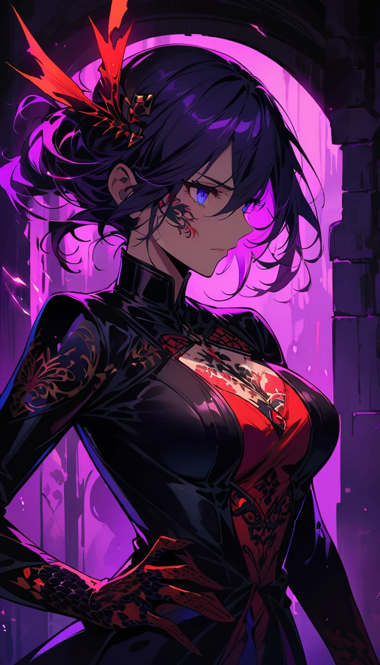 Arafed, Dark fantasy art, fantasy art, goth art, a picture of a tattoo on the back of a female elf, a glowing tattoo of a ((tulip: 1.3)) on the elf's back, the ((tulip tattoo: 1.3)) is vivid, intricate detailed,  GlowingRunesAI_purple, ((fire surrounds the tulip: 1.5)), shot taken from the back, ((the back is visible: 1.3), she wears a transparent red dress, the dress is elegant, flowing, elven style, that the tattoos glow, dynamic hair color, dynamic hair style,  vibrant, Ultra-high resolution, High Contrast, (masterpiece:1.5),  highest quality, Best aesthetics, best details, best quality, highres, 16k, (ultra detailed: 1.5), masterpiece, best quality, (extremely detailed) RAW, (ultra details, Masterpiece, best quality) faize, Digital Painting, 