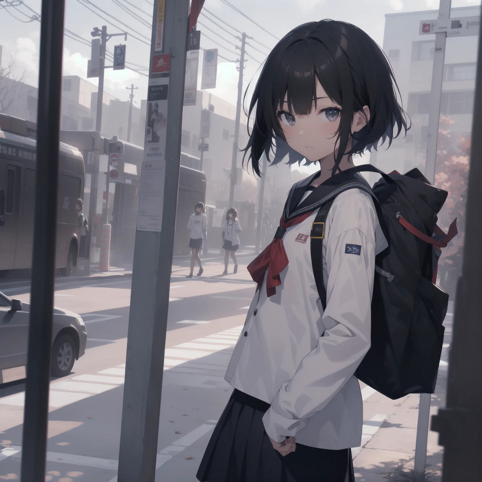 ultra-absurdres-Top quality by artist God, ultra-detailed, high resolution, anime moe artstyle, best anime 8k konachan wallpaper, pixiv contest winner, pool:2810, perfect anatomy,break, 1girl, (Please draw a girl walking sleepily to school alone. )break,(Solo,little female, 13-year-old:1.3),Full limbs, complete fingers,a junior high school student, (very short hair), short cut, flat chest, , small butt, small black eyes, beautiful detailed eyes, well-proportioned iris and pupils, expressive eyes, highres detailed hair, soft expression, salor school_uniform, sailor collar, serahuku, bow, pleated skirt,(Detailed Lighting), (Detailed background), in the School commute route. break,super detailed skin, Best cinematic lighting powered by famous artist, 8k,beauty illustration,photoshop_(medium),very aesthetic,break,((artist:takafumi )), artist:clamp ,artist:carnelian ,artist:kantoku ,