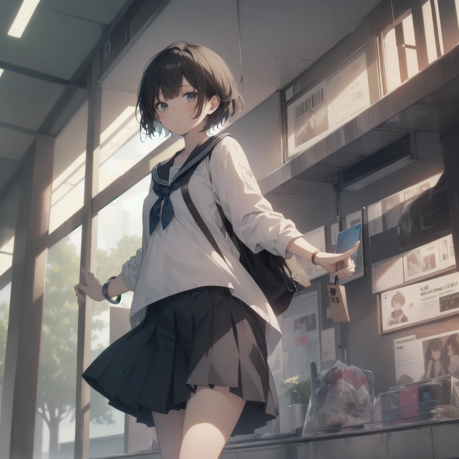 ultra-absurdres-Top quality by artist God, ultra-detailed, high resolution, anime moe artstyle, best anime 8k konachan wallpaper, pixiv contest winner, pool:2810, perfect anatomy,break, 1girl, (Please draw a girl walking sleepily to school alone. )break,(Solo,little female, 13-year-old:1.3),Full limbs, complete fingers,a junior high school student, (very short hair), short cut, flat chest, , small butt, small black eyes, beautiful detailed eyes, well-proportioned iris and pupils, expressive eyes, highres detailed hair, soft expression, salor school_uniform, sailor collar, serahuku, bow, pleated skirt,(Detailed Lighting), (Detailed background), in the School commute route. break,super detailed skin, Best cinematic lighting powered by famous artist, 8k,beauty illustration,photoshop_(medium),very aesthetic,break,((artist:takafumi )), artist:clamp ,artist:carnelian ,artist:kantoku ,