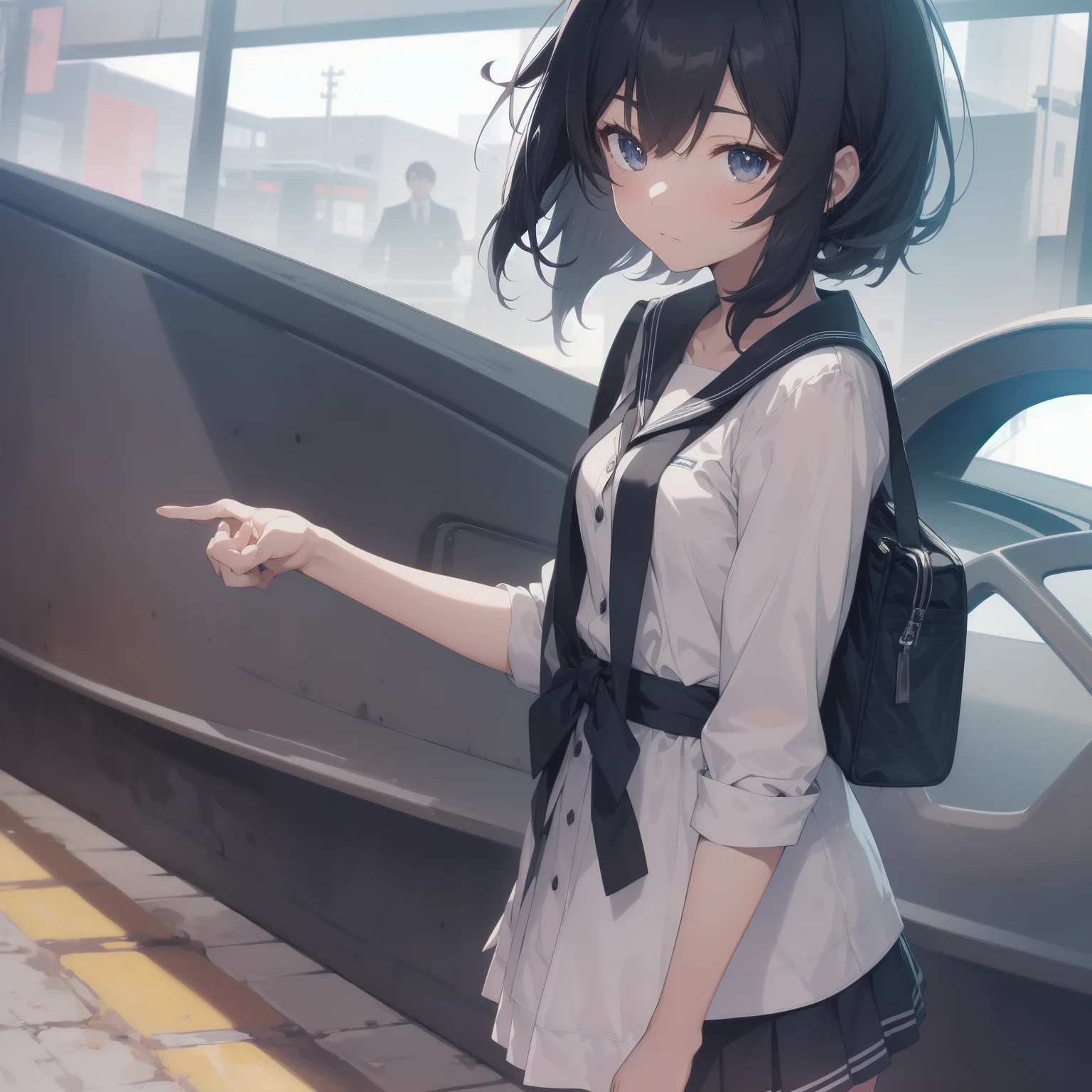 ultra-absurdres-Top quality by artist God, ultra-detailed, high resolution, anime moe artstyle, best anime 8k konachan wallpaper, pixiv contest winner, pool:2810, perfect anatomy,break, 1girl, (Please draw a girl walking sleepily to school alone. )break,(Solo,little female, 13-year-old:1.3),Full limbs, complete fingers,a junior high school student, (very short hair), short cut, flat chest, , small butt, small black eyes, beautiful detailed eyes, well-proportioned iris and pupils, expressive eyes, highres detailed hair, soft expression, salor school_uniform, sailor collar, serahuku, bow, pleated skirt,(Detailed Lighting), (Detailed background), in the School commute route. break,super detailed skin, Best cinematic lighting powered by famous artist, 8k,beauty illustration,photoshop_(medium),very aesthetic,break,((artist:takafumi )), artist:clamp ,artist:carnelian ,artist:kantoku ,