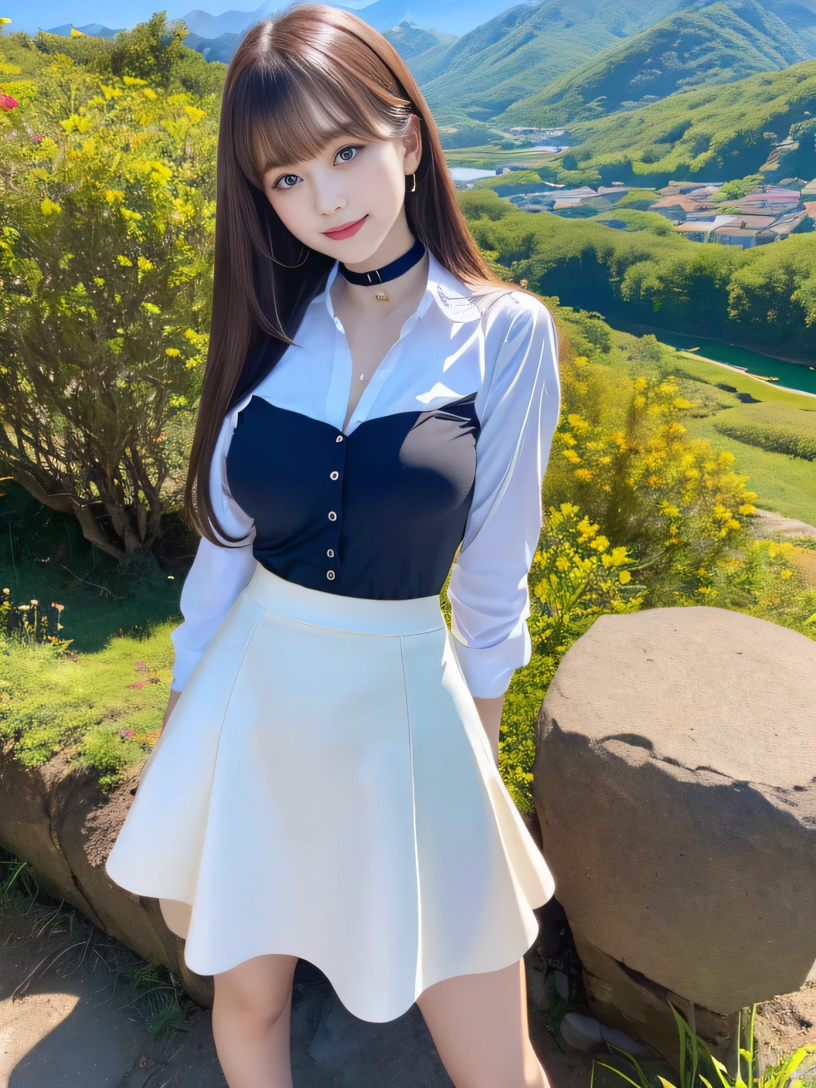 ((Highest quality, 8k, Representative works in detail, Ultra-high resolution)), (Looking at the audience), Attractive woman, ((Big Breasts)), smile, ((Black choker)), Slim figure, (blue eyes), Long eyelashes, bangs, Beautiful shiny brown hair, Nogizaka Idol, Slim face、((Ivory white shirt、flare skirt、Full body portrait)), Millionaire's daughter、Dependents、Glossy straight hair、((Mountain trail、Looking down、Spectacular views)), Red lipstick, ((Mountainous Regions))、blue sky、Healthy thighs