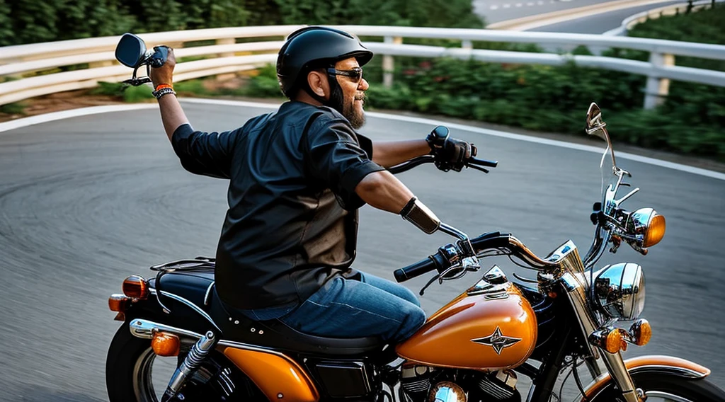 evening、A low-angle view of a middle-aged man riding alongside another man on a Harley Davidson with chopper handlebars。