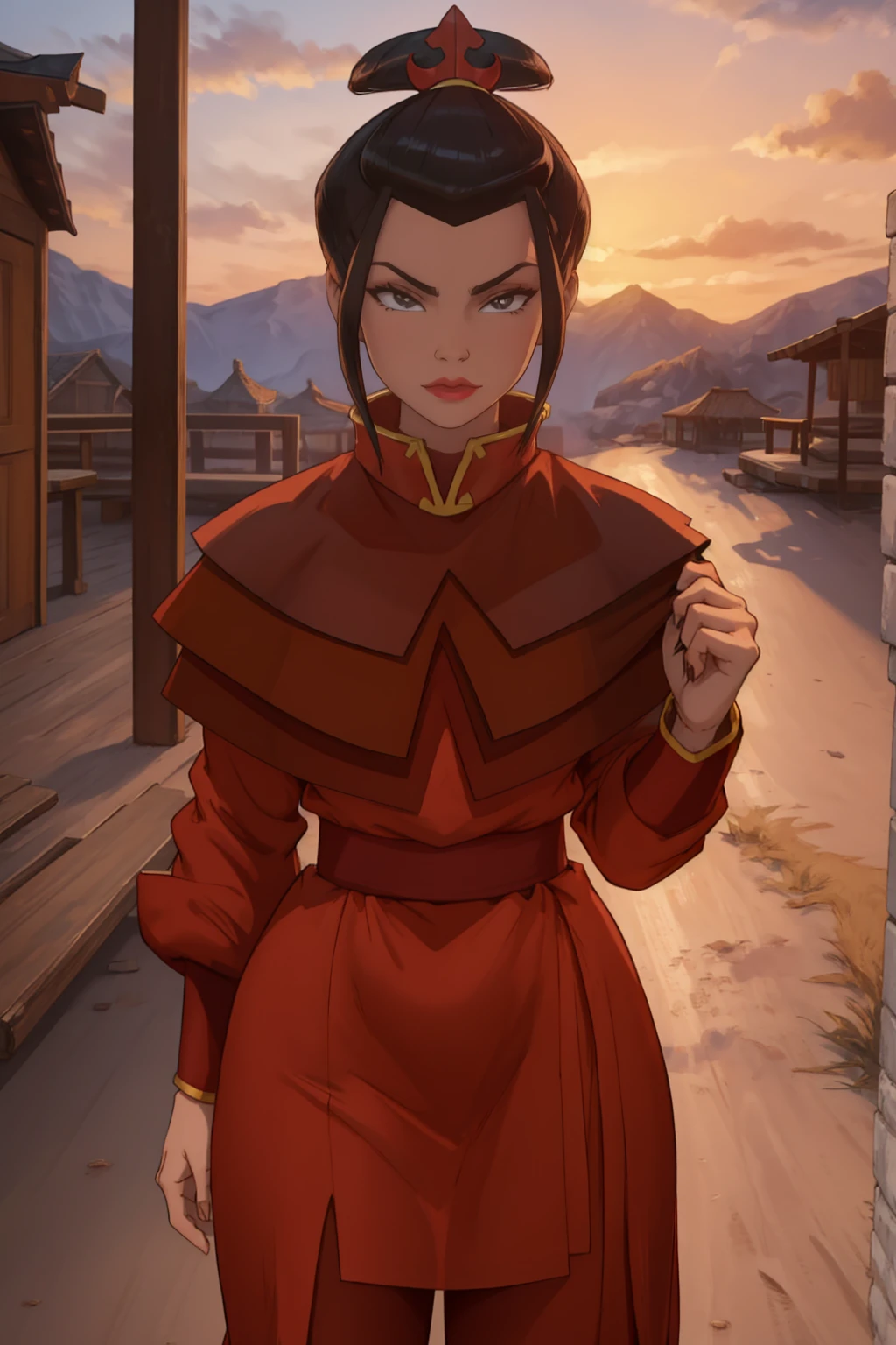 Beautiful, Masterpiece, Best Quality, extremely detailed face, perfect lighting, Cowboy shot, 1girl, Azula, the perfect body, taut clothes, seductive, pomade, makeup, looking a viewer, wide thighs