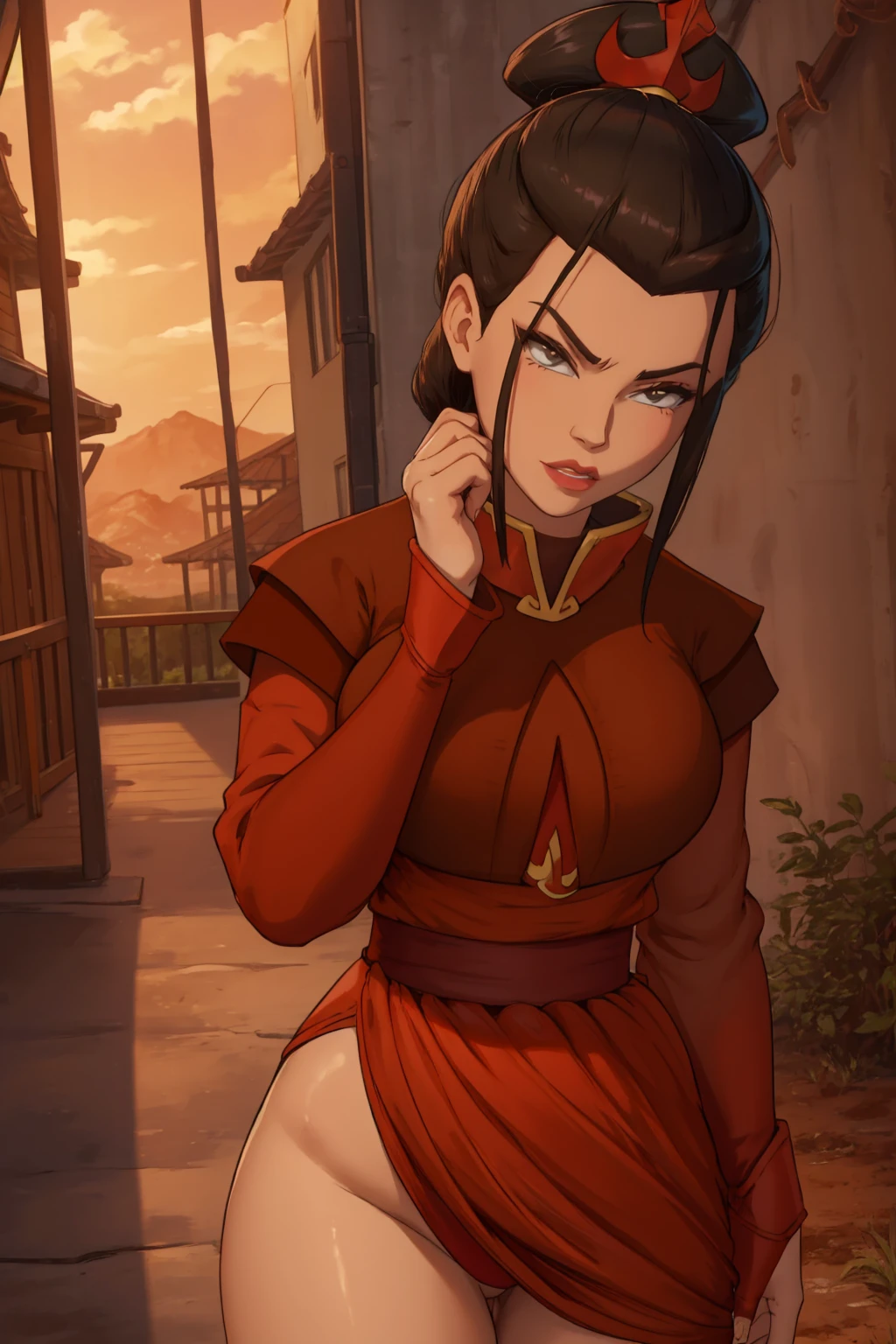 Beautiful, Masterpiece, Best Quality, extremely detailed face, perfect lighting, Cowboy shot, 1girl, Azula, the perfect body, taut clothes, seductive, pomade, makeup, looking a viewer, wide thighs