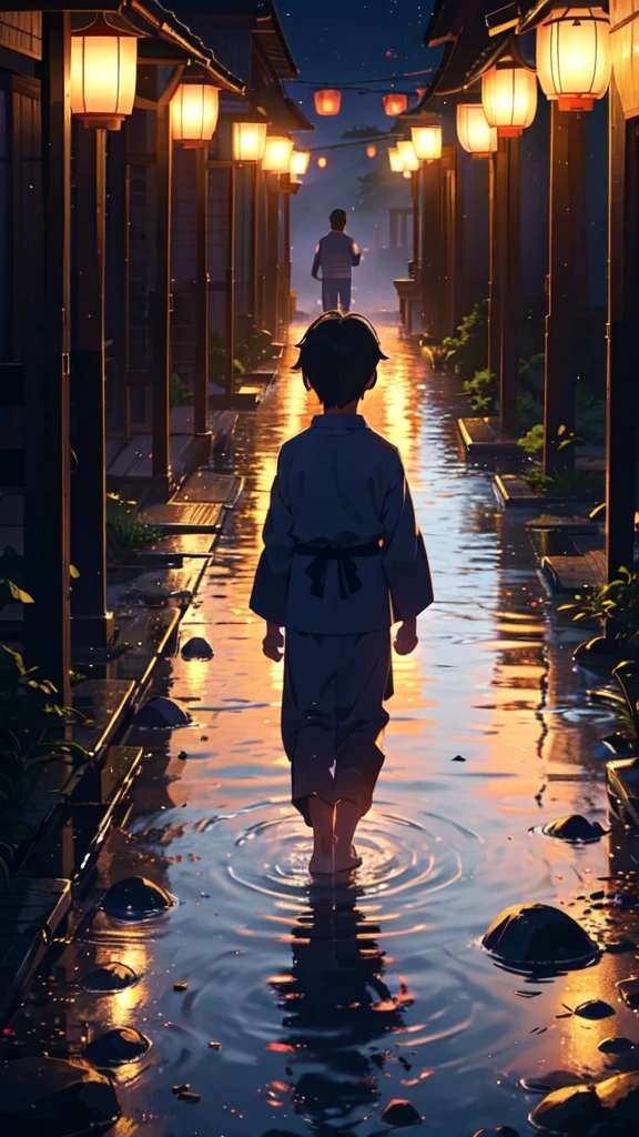 Summer festival, row of lanterns, Japanese, little boy in Navy blue yukata, dusk，Back view，Gravel road