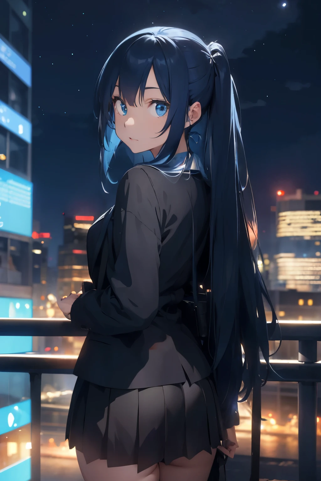 teenage woman Long blue hair, blue eyes, wearing a plain black suit and skirt. Turn around and look back. Half body image, colored lights, there are animals in the picture. Look back.. city view at night