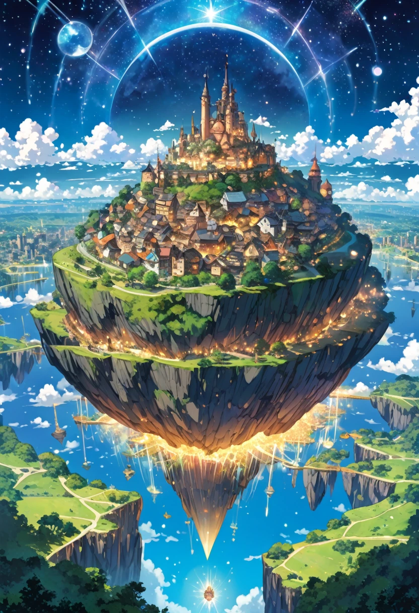 Highly detailed anime-style still images, Ghibli Studio Style, masterpiece, Official Art, Professional, ((Super detailed)), 8k,
A sparkling city, crystallization, Reflective surface, Prism light effect, The setting is a floating island surrounded by a starry sky..People live