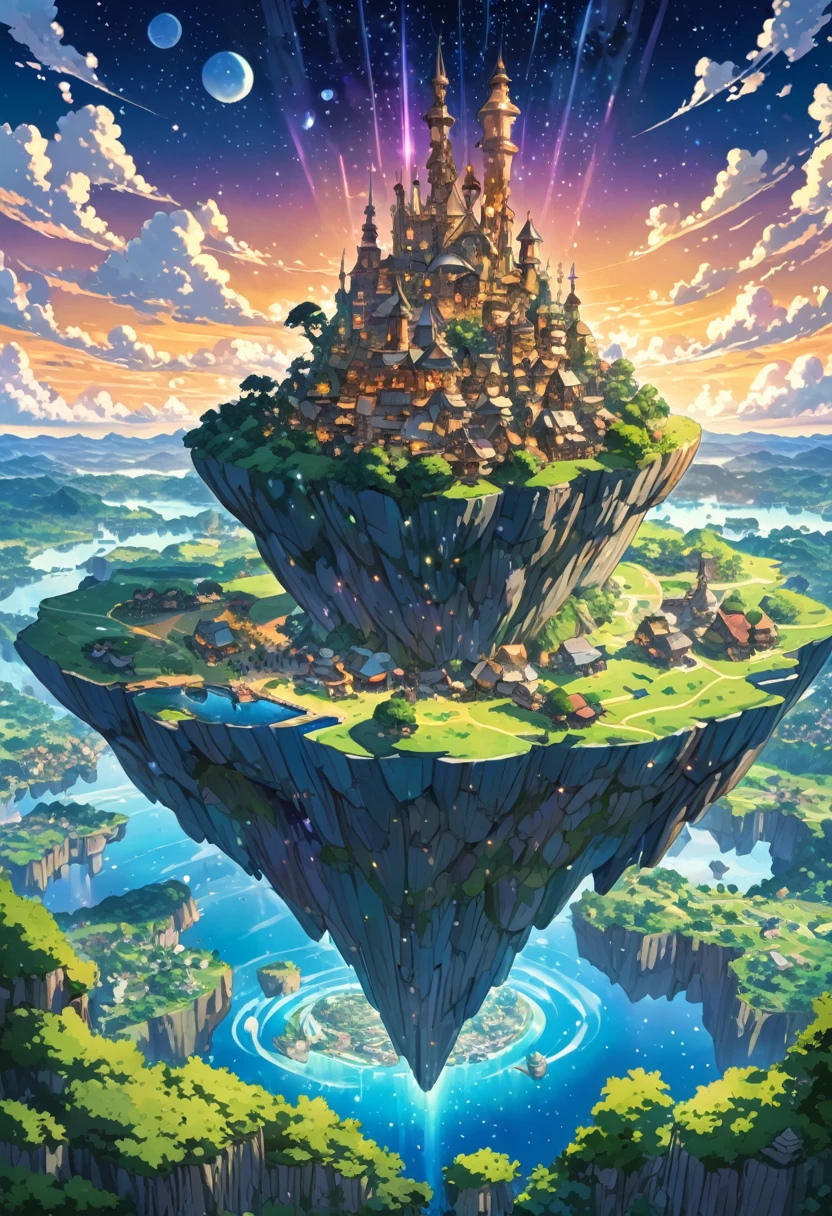 Highly detailed anime-style still images, Ghibli Studio Style, masterpiece, Official Art, Professional, ((Super detailed)), 8k,
A sparkling city, crystallization, Reflective surface, Prism light effect, The setting is a floating island surrounded by a starry sky..People live