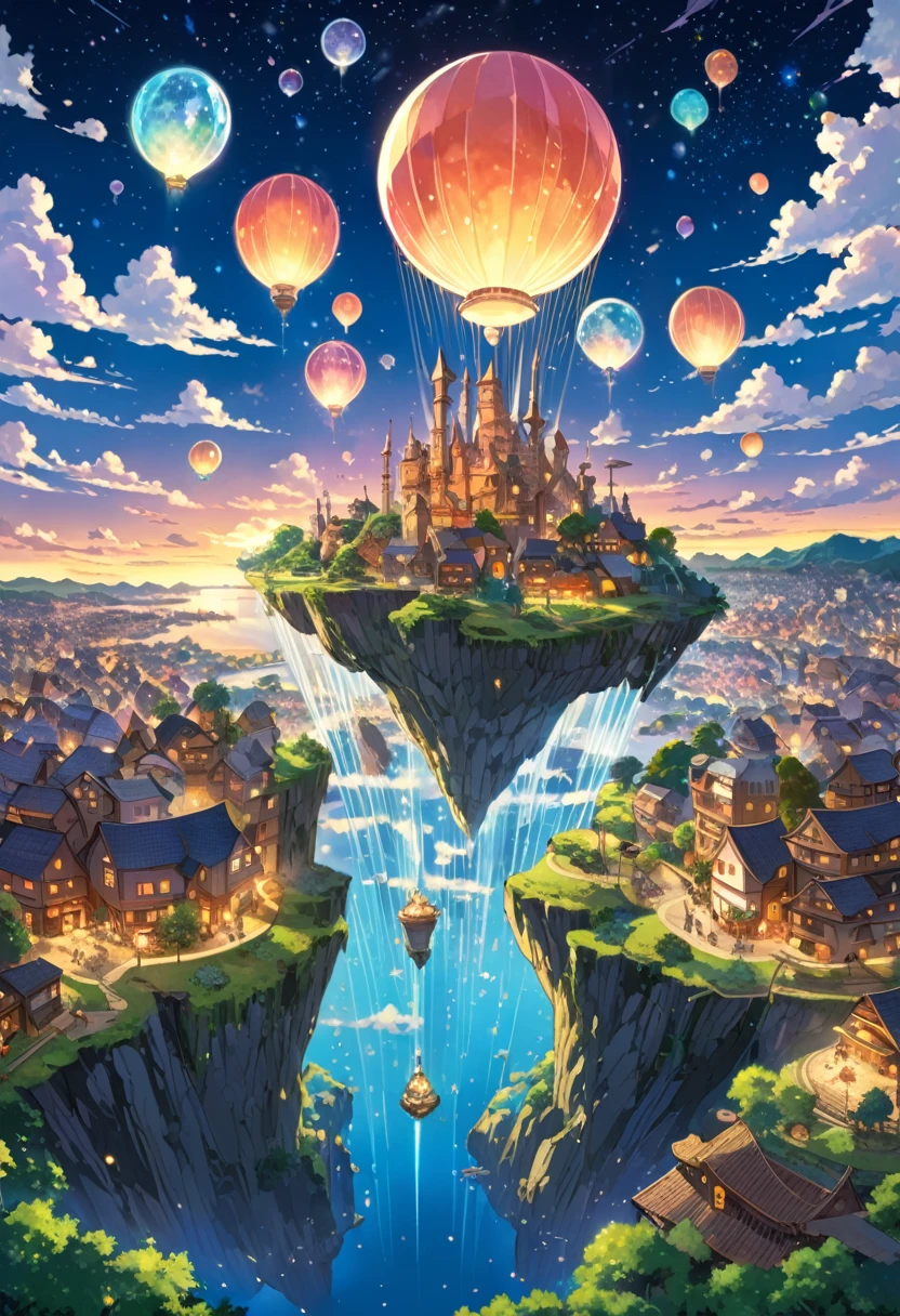 Highly detailed anime-style still images, Ghibli Studio Style, masterpiece, Official Art, Professional, ((Super detailed)), 8k,
A sparkling city, crystallization, Reflective surface, Prism light effect, The setting is a floating island surrounded by a starry sky..People live