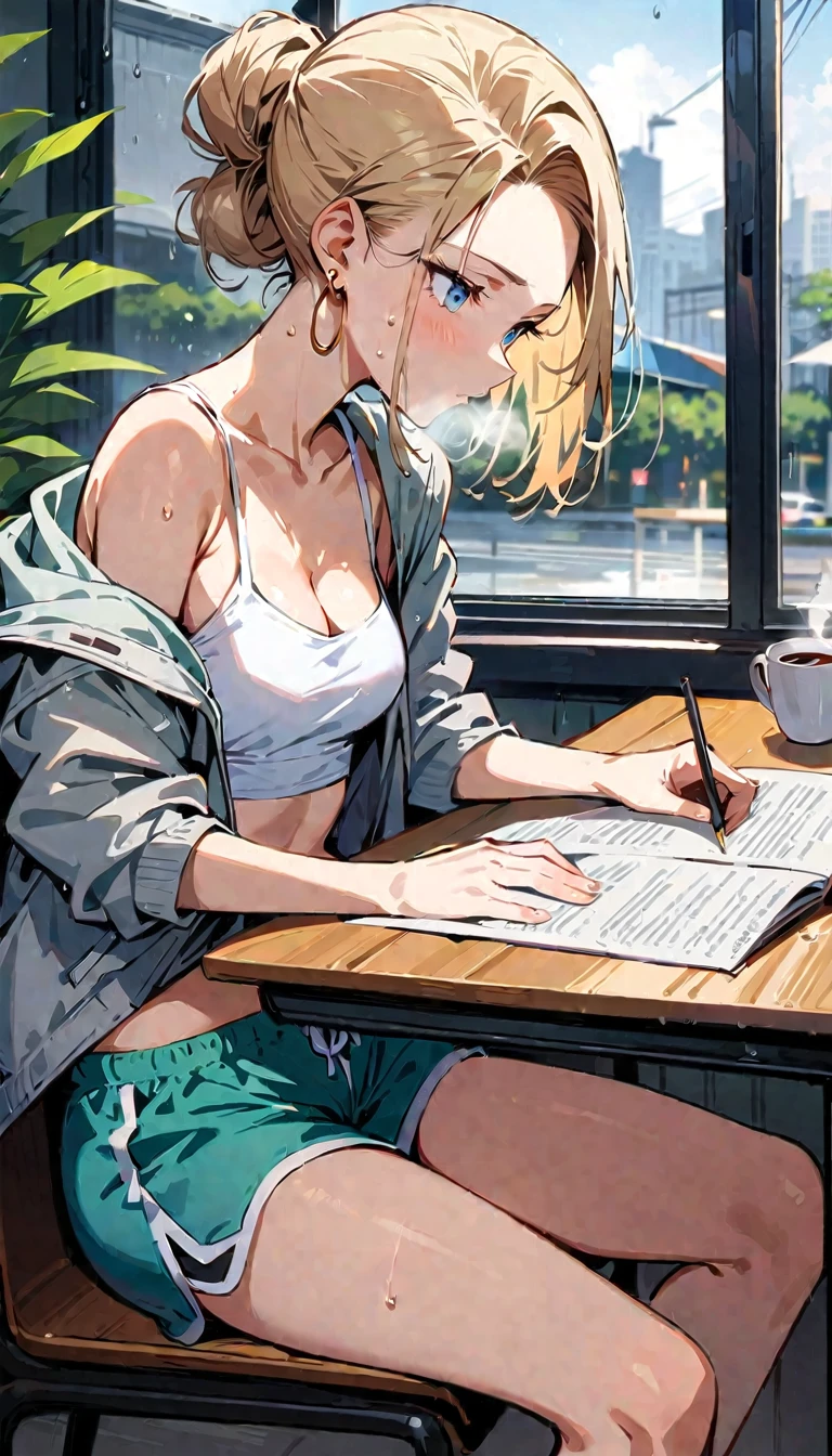 (masterpiece, best quality:1.2), solo, Android 18 from Dragon Ball, ((white slip-on crop top)), ((black dolphin shorts)), (light gray hooded crop jacket), thighs, midriff, small breasts, sweat, blonde hair, (single hair bun), ((blue eyes)), earrings on earlobes, slender feminine figure, narrow waistline, skinny body, long legs, studying, rain, sweating, cleavage, off shoulder, magnificent view, blur background, 4K, light blush, breath, gray new balance sneakers, indoors, chill, cafe, desk, hot coffee, Stormy,
