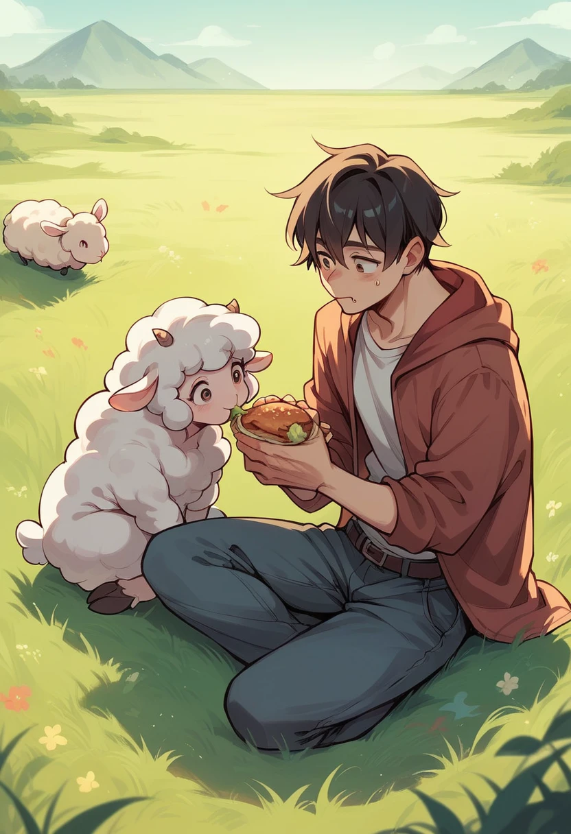 sheep watching people eating from the grass