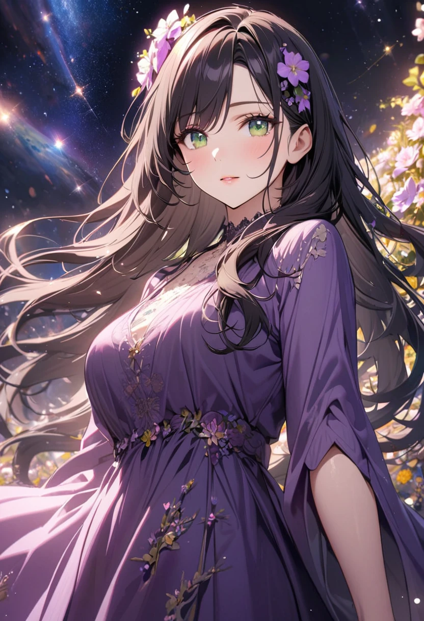 girl, beautifull, pretty, long hair, mature woman, beautiful purple dress, black hair, green eyes, super detail, flower on hair, gorgeous, universe backround, angel, beautiful eye, flowers