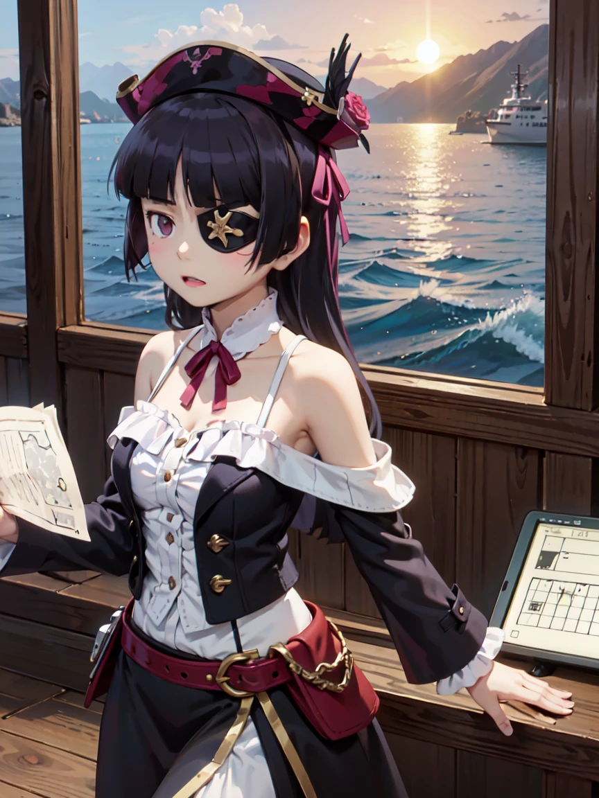 (Eye patch), One Girl, Hime cut, (ruri gokou), Holding a treasure map、Female pirate planning strategy in the cabin of the ship。Illuminated by the setting sun、Female pirate captain standing against a golden sea background。Eye patchをつけた彼女は、Staring at the sea and holding a sword。An elegant and charismatic scene。, pirate, pirate hat, deck, coat, bare shoulder, 