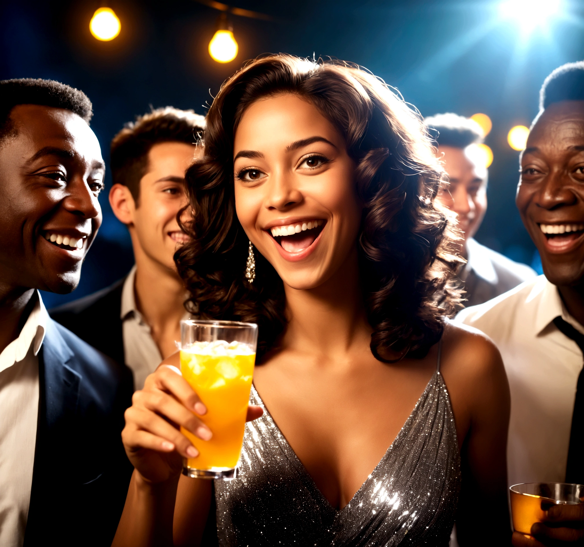 Imagem: A mesma jovem em um ambiente de festa, cercada por amigos e admiradores. She's in the spotlight, com um sorriso confiante. She holds a glass of drink and appears to be having fun without any worries. The men around her are clearly interested in her, with expressions of fascination and adoration. The atmosphere is lively, with flashing lights and loud music. realista, , rim lighting, duotone lighting,(pele com alto detalhe: 1.2), 8k hd, rosto bonito,Physicist, Efeito , alta qualidade, volumetric light, tiro furtivo, foto, high resolution, 4K, 8K, bokeh