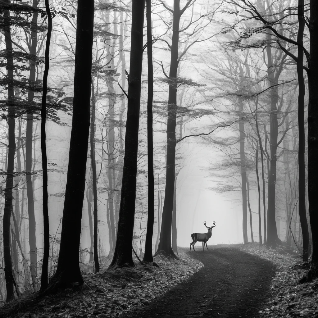 forest，mist，quiet，forest，The Trail，deer，Black and White Photography，RAW，UHD，8k，Detailed Details，Best quality，Sense of atmosphere