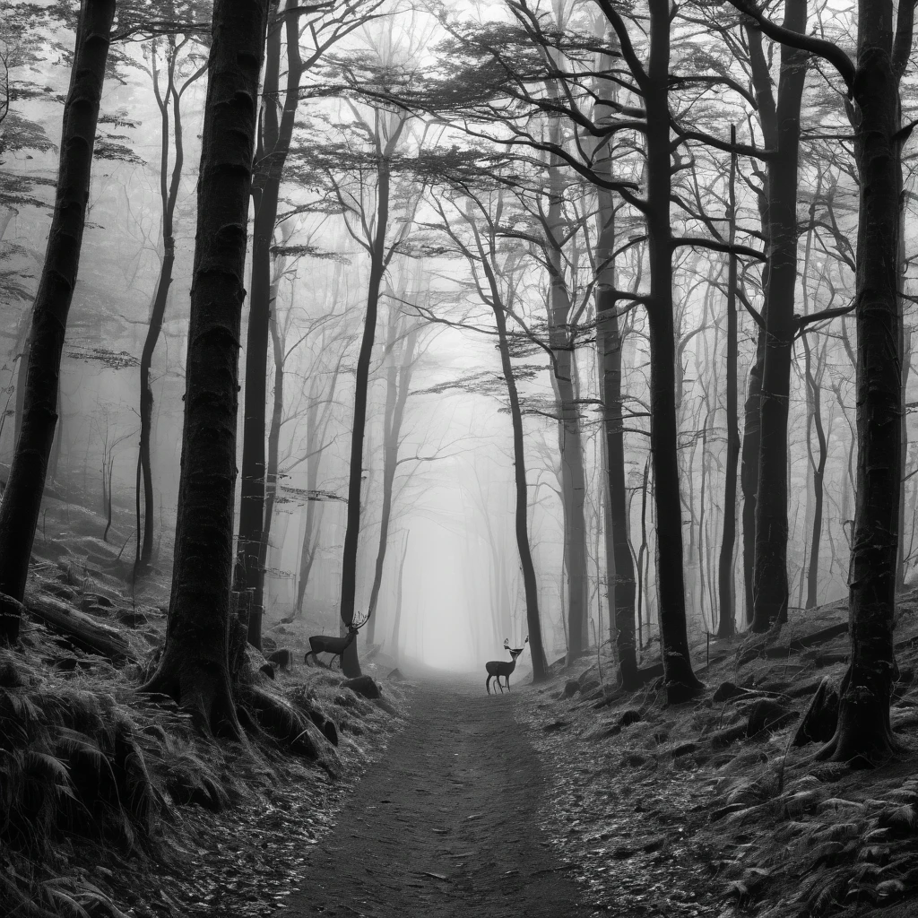forest，mist，quiet，forest，The Trail，deer，Black and White Photography，RAW，UHD，8k，Detailed Details，Best quality，Sense of atmosphere