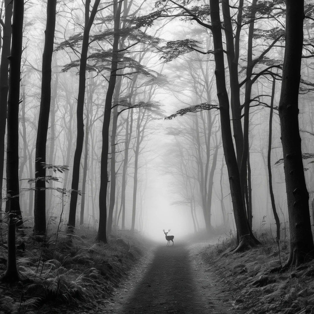 forest,mist,quiet,forest,The Trail,deer,Black and White Photography,RAW,UHD,8k,Detailed Details,Best quality,Sense of atmosphere