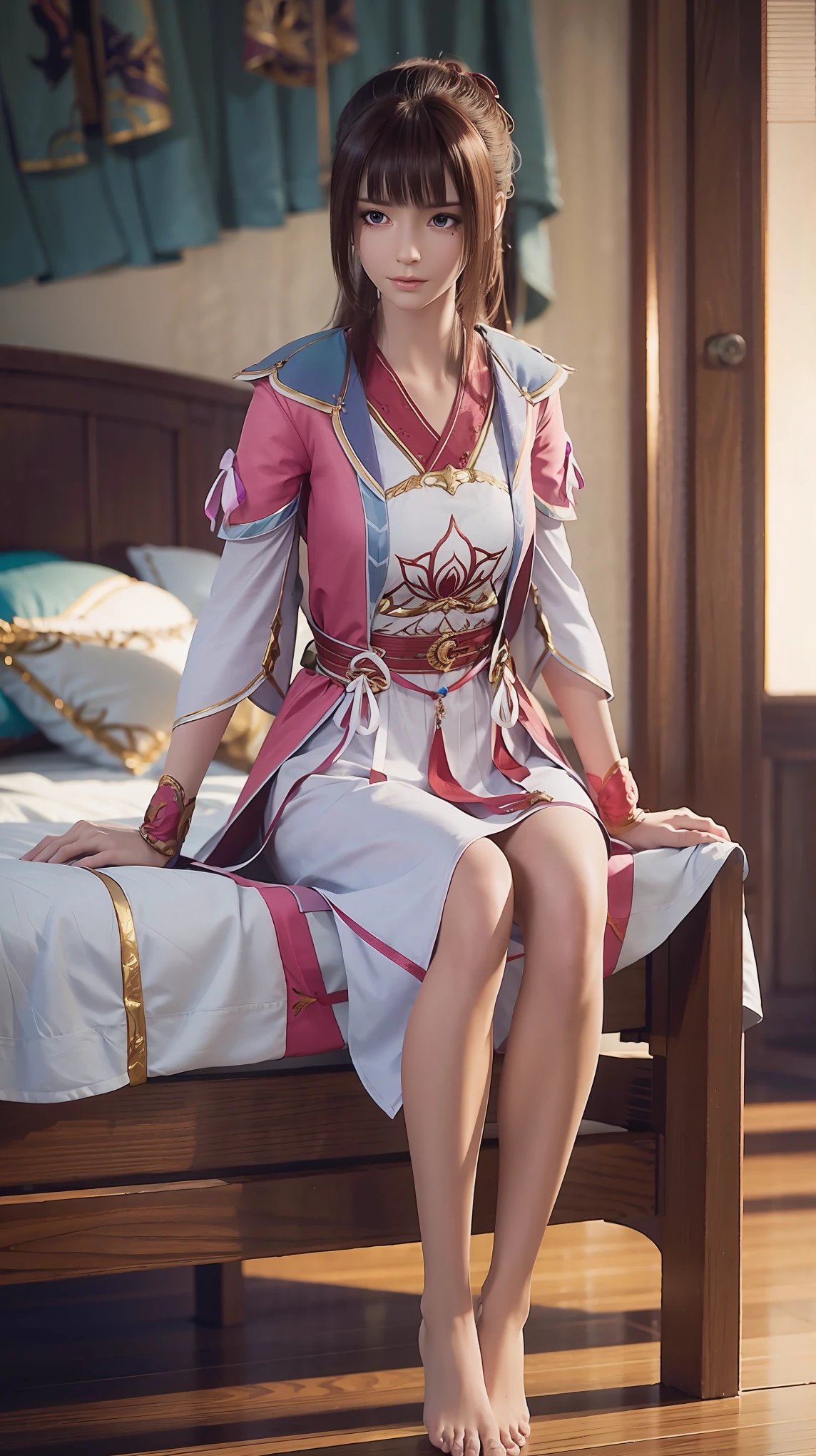 A beautiful young woman，Long hair，Wearing pajamas，Sitting on the bed，barefoot，Wearing a dress，Side-lying，Cross-legged，Full body shot，(Best picture quality，4k,8k，high-definition，excellent work:1.2)，Ultra Detail，(Realistic，Realistic，Realistic:1.37)，Delicate eyes，Delicate lips，Extremely detailed face and eyes，Long eyelashes，Natural light，Warm colors，Soft Focus，，portrait，Chiaroscuro，Deep scene，Cyan eyes，Jade Hands，Clear fingers