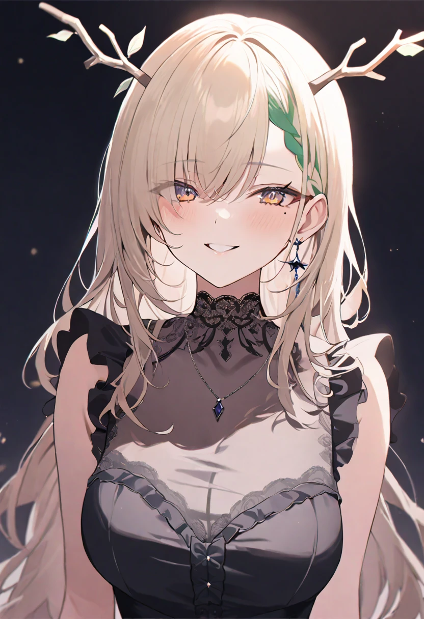 (masterpiece), (best quality), perfect face, beautiful girl, white background background, delicate and beautiful face and eyes, dark intense shadow, 
1 girl, vtuber style, cool girl, ho****ve, FaunaSummer, mole under eye, antlers, long hair, braided bangs, Gorgeous evening dress Ruffles dress, lace, necklace, big chest, cropped shoulders, clavicle, winking, smile, bare feet, chest visible through clothes, ass visible through thighs, (full body), looking at viewer, standing, 