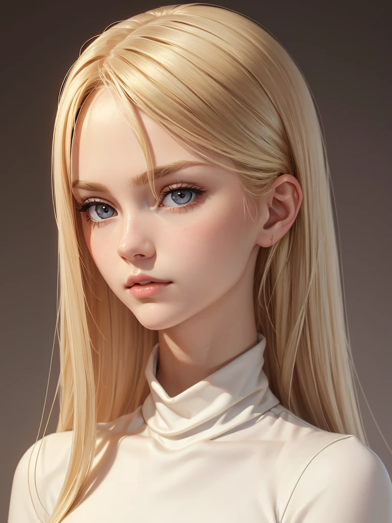 (best quality), 1girl, female, porcelain skin, blonde hair, straight hair, medium hair, swoopy tips, Flipped-up ends, brown eyes, perfect eyes, slender, turtleneck, small bust, shy, masterpiece, anatomically correct, highres
