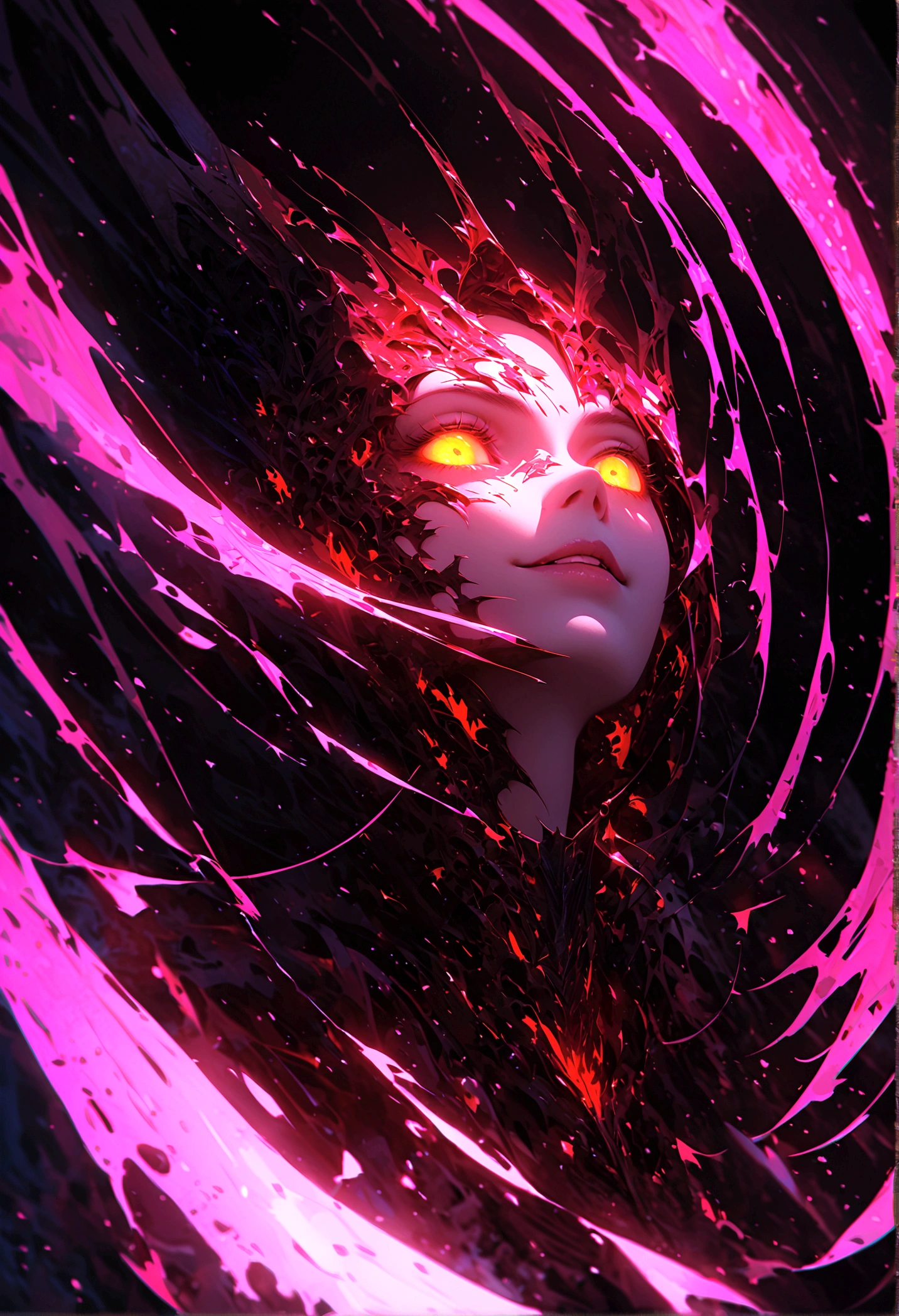 a portrait of a monster girl with a wide, sly smile with all of her pitch-black eyes facing upwards, scary , ultra wide-angle, Grainy , mysterious color , infrared lighting . Super detailed, photorealistic, splattered, spattered , cinematic light , black background , Cycles render, intricate artwork masterpiece , dreamy, glowing, backlit, glamour, vibrant, ultra high quality model, 4K