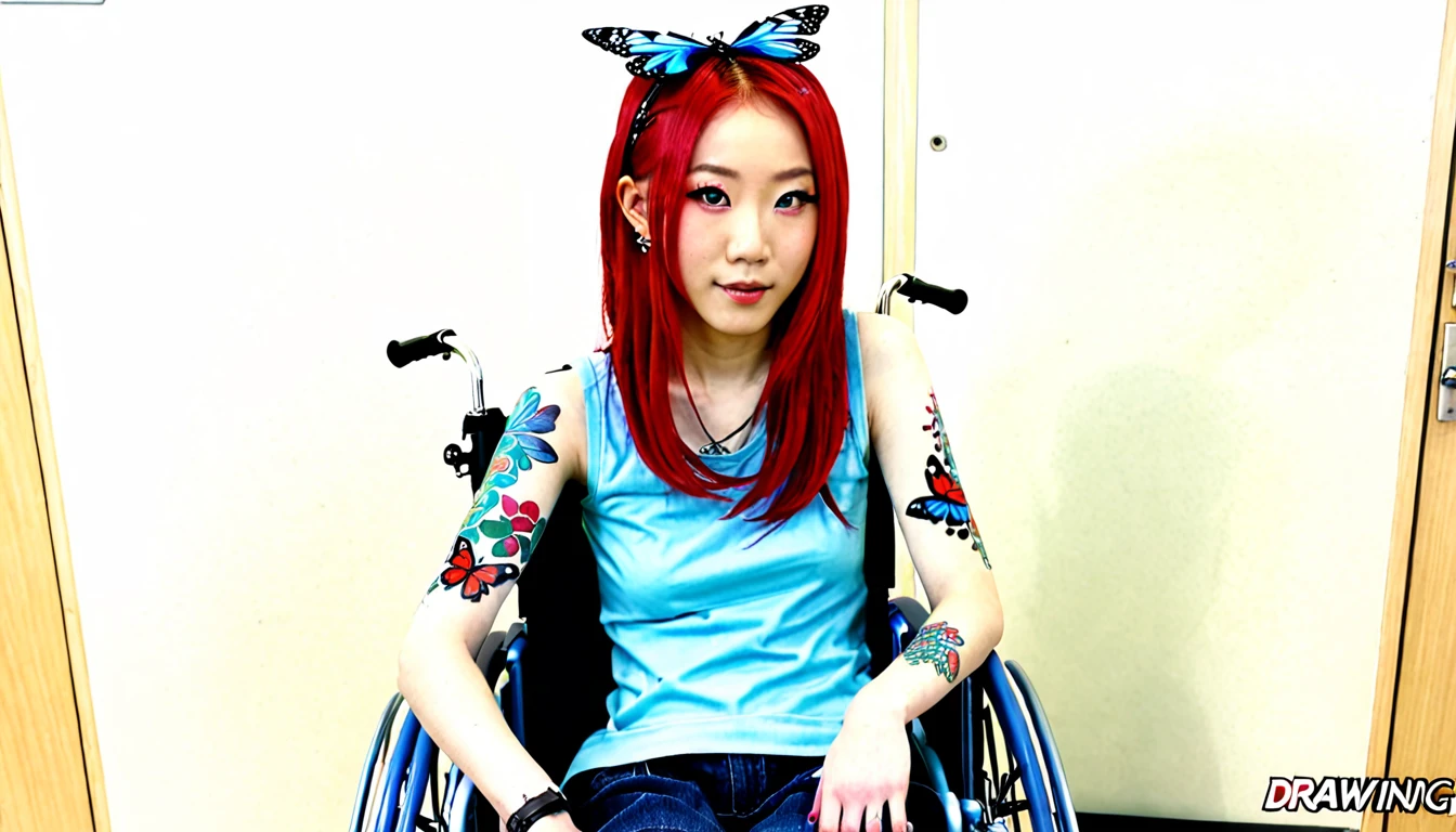 Uhd, photo of Cami, subject: Noriko, 1/2 Japanese 1/2 Hainu skinny girl with long red hair in a 2/00 large wheelchair, blue+++ eyes, oval face, LGBTQIA+, queer, punk style, dressed in colors, buttefly hairclip, tattooes. She is in the hospital, ((having I.V on arm. drawing her blood.)).